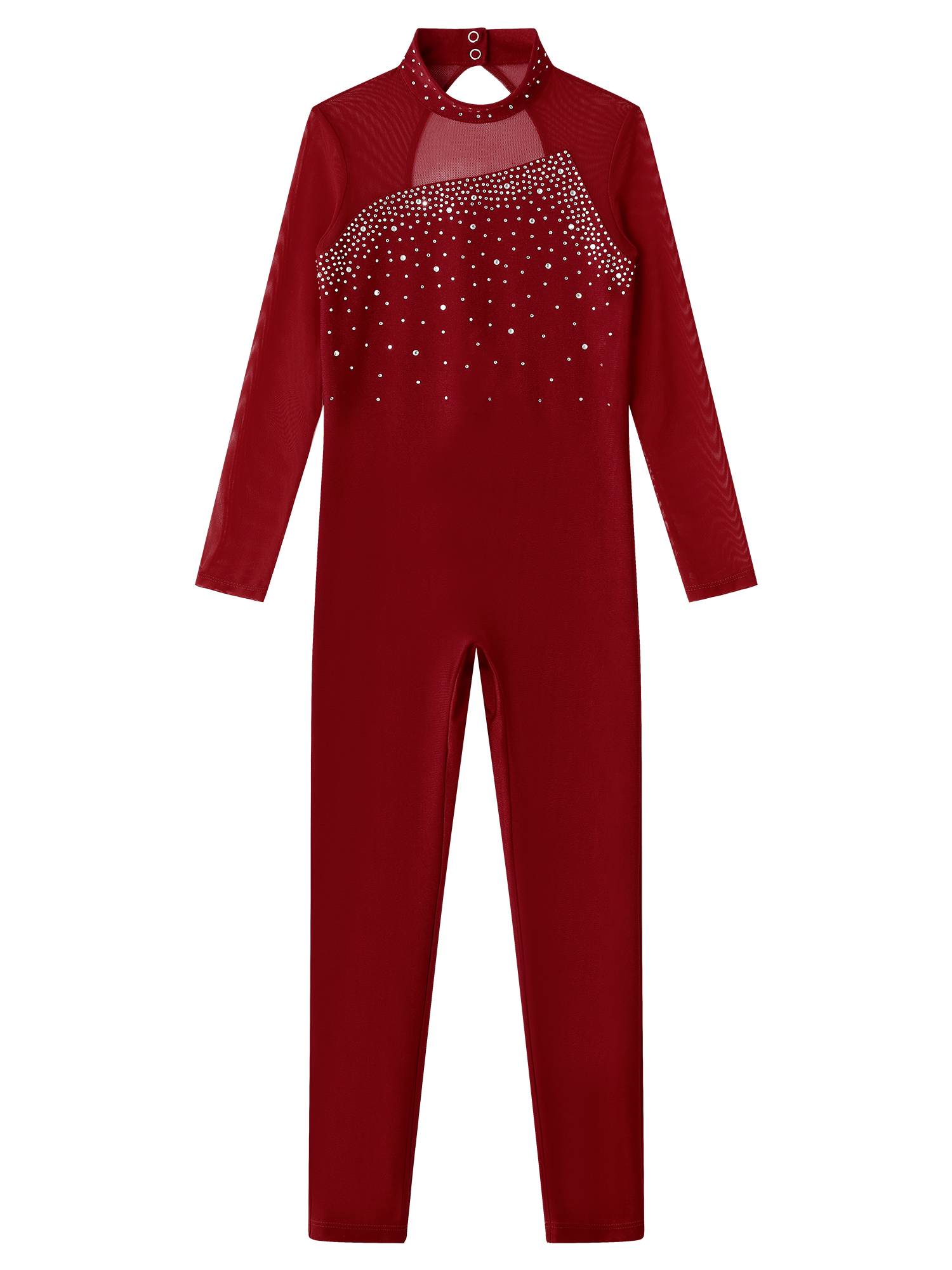Kids Girls Rhinestone Long Sleeve Jumpsuit Hollow Back Skating Unitard