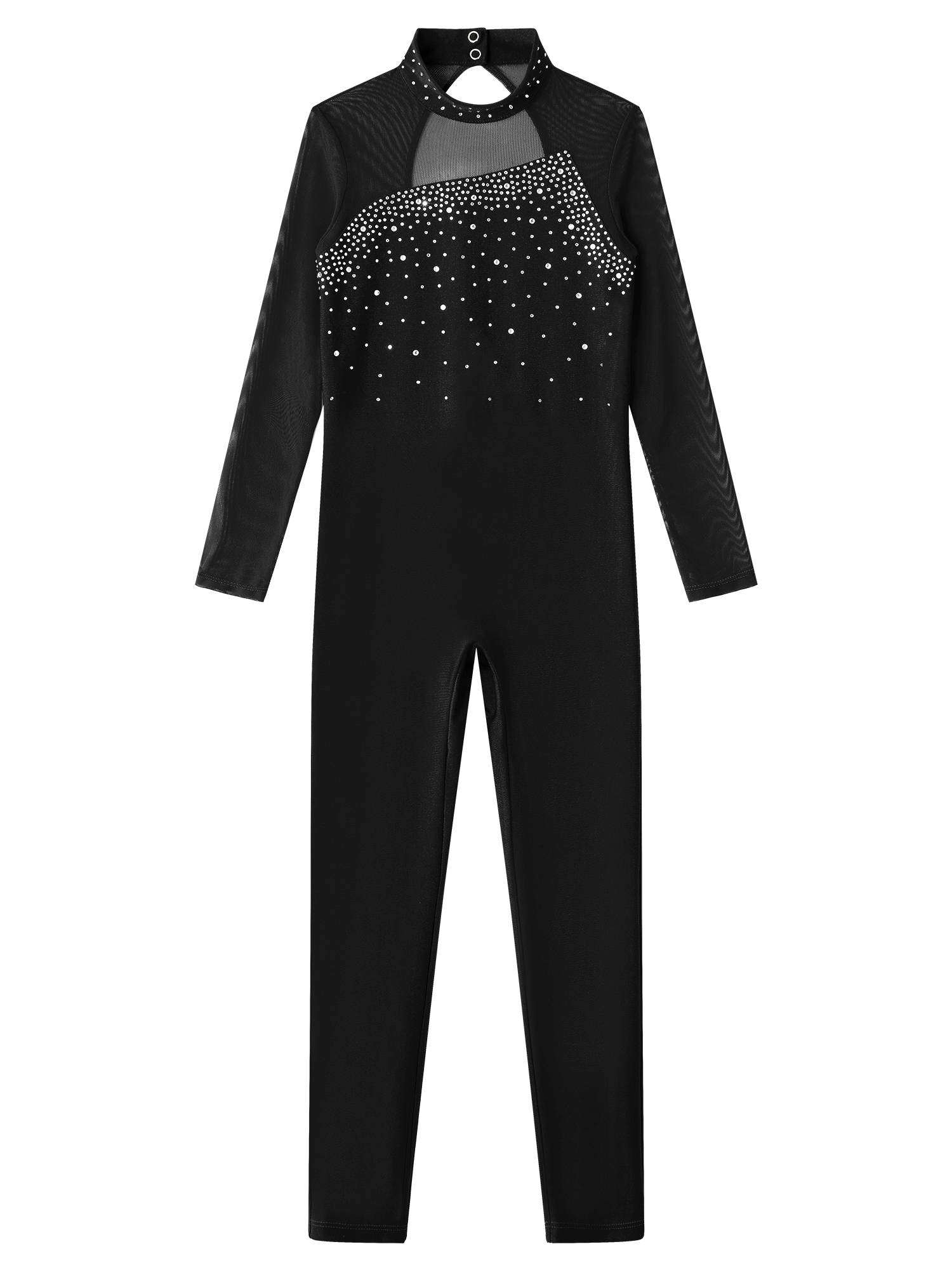 Kids Girls Rhinestone Long Sleeve Jumpsuit Hollow Back Skating Unitard