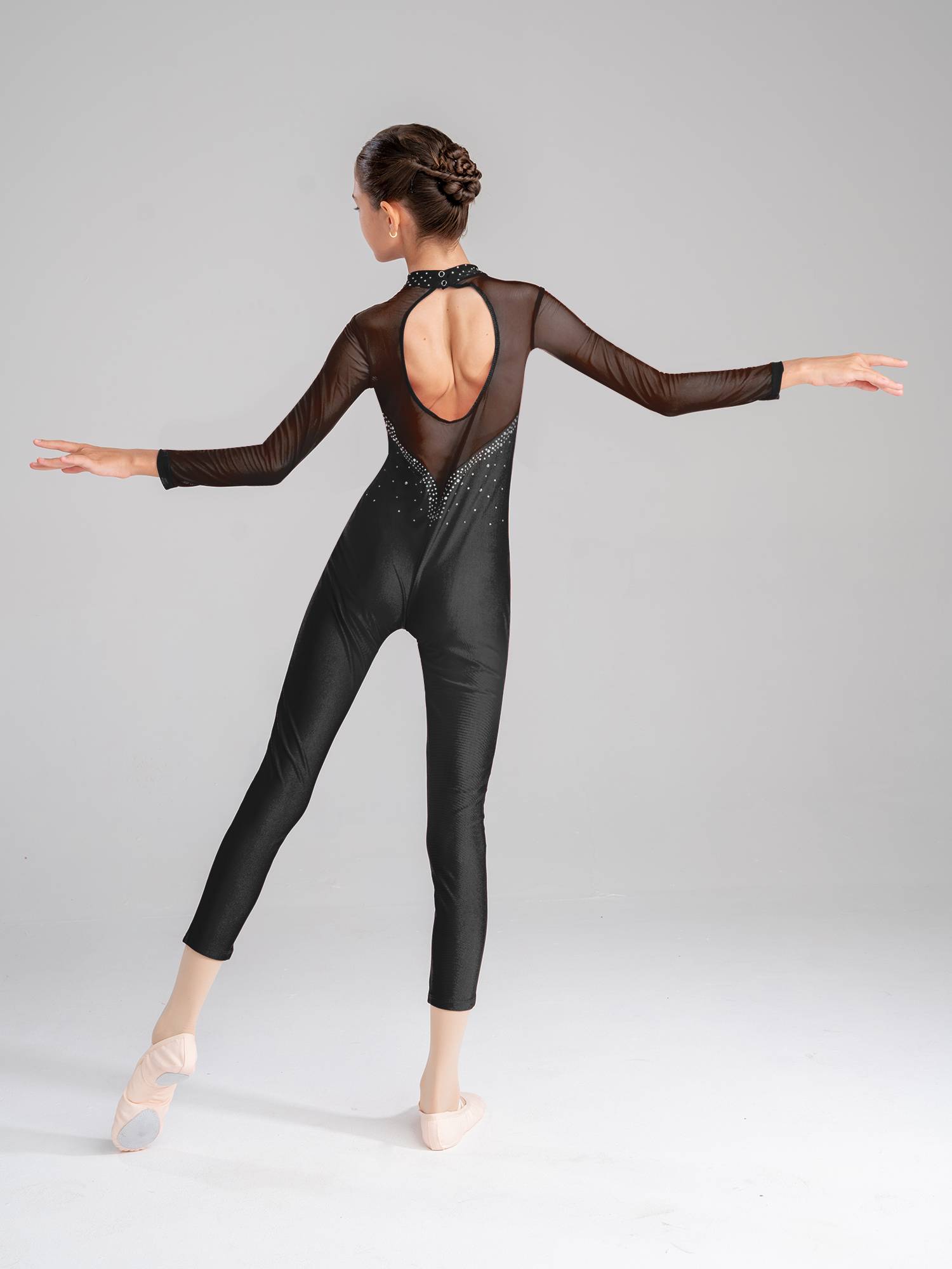 Kids Girls Rhinestone Long Sleeve Jumpsuit Hollow Back Skating Unitard