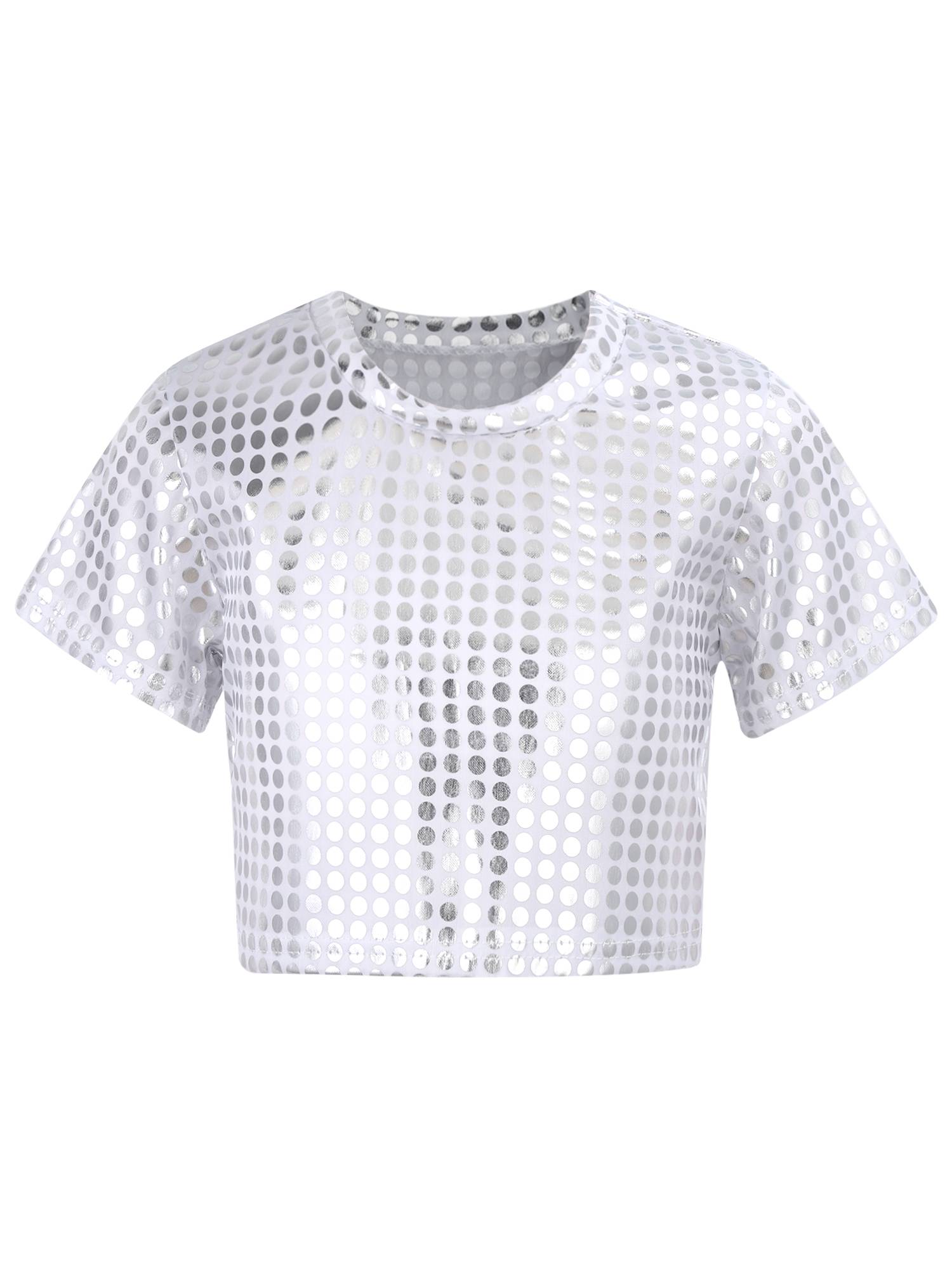 Kids Short Sleeve Round Neckline Shiny Sequins Jazz Dance Crop Top