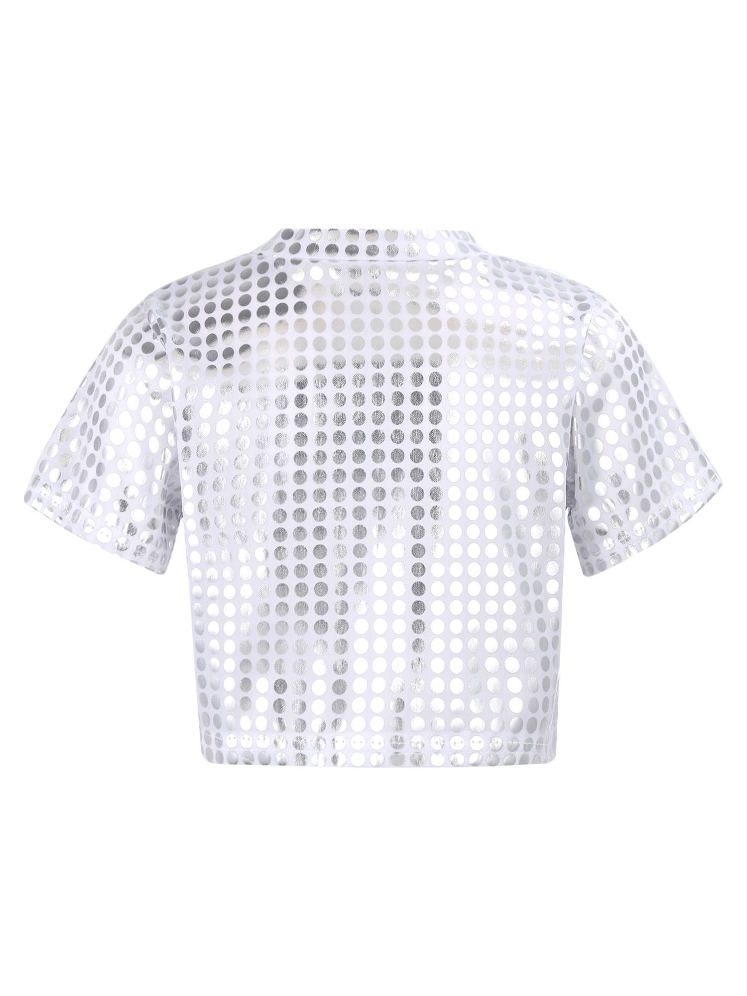 Kids Short Sleeve Round Neckline Shiny Sequins Jazz Dance Crop Top