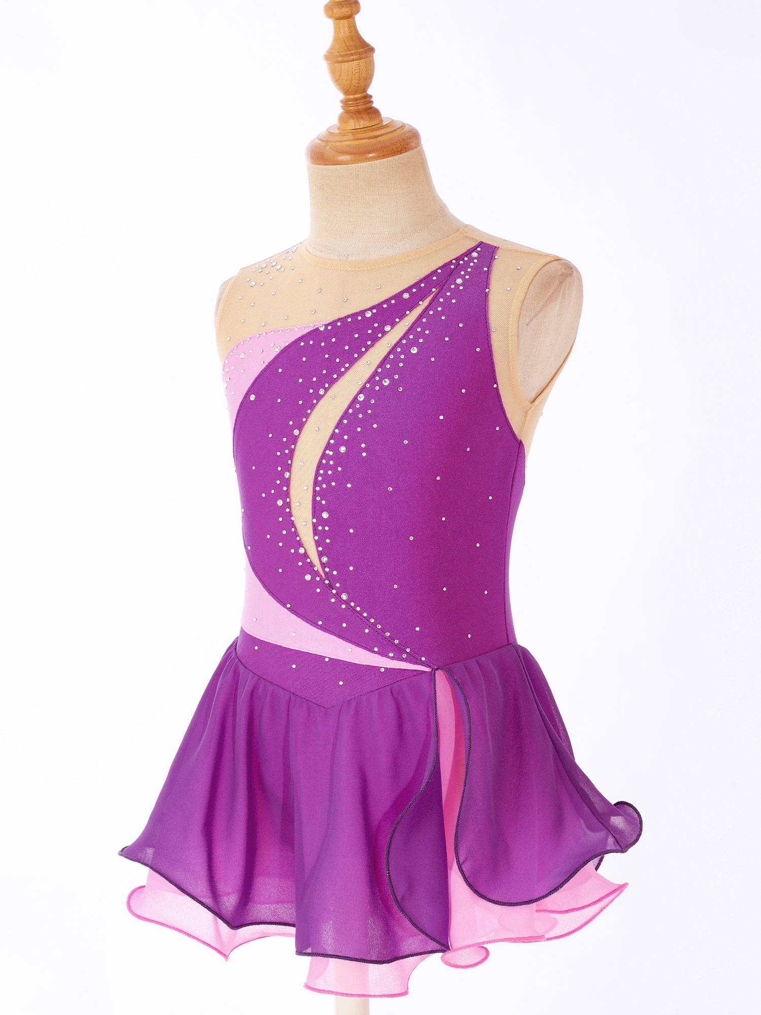 Kids Girls Sleeveless Shiny Rhinestone Ruffle Skating Dance Dress
