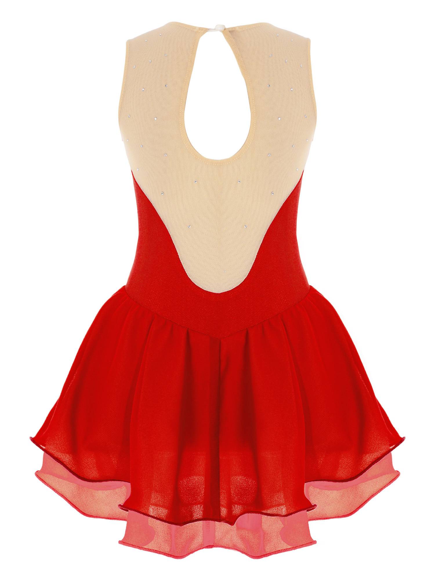 Kids Girls Sleeveless Shiny Rhinestone Ruffle Skating Dance Dress