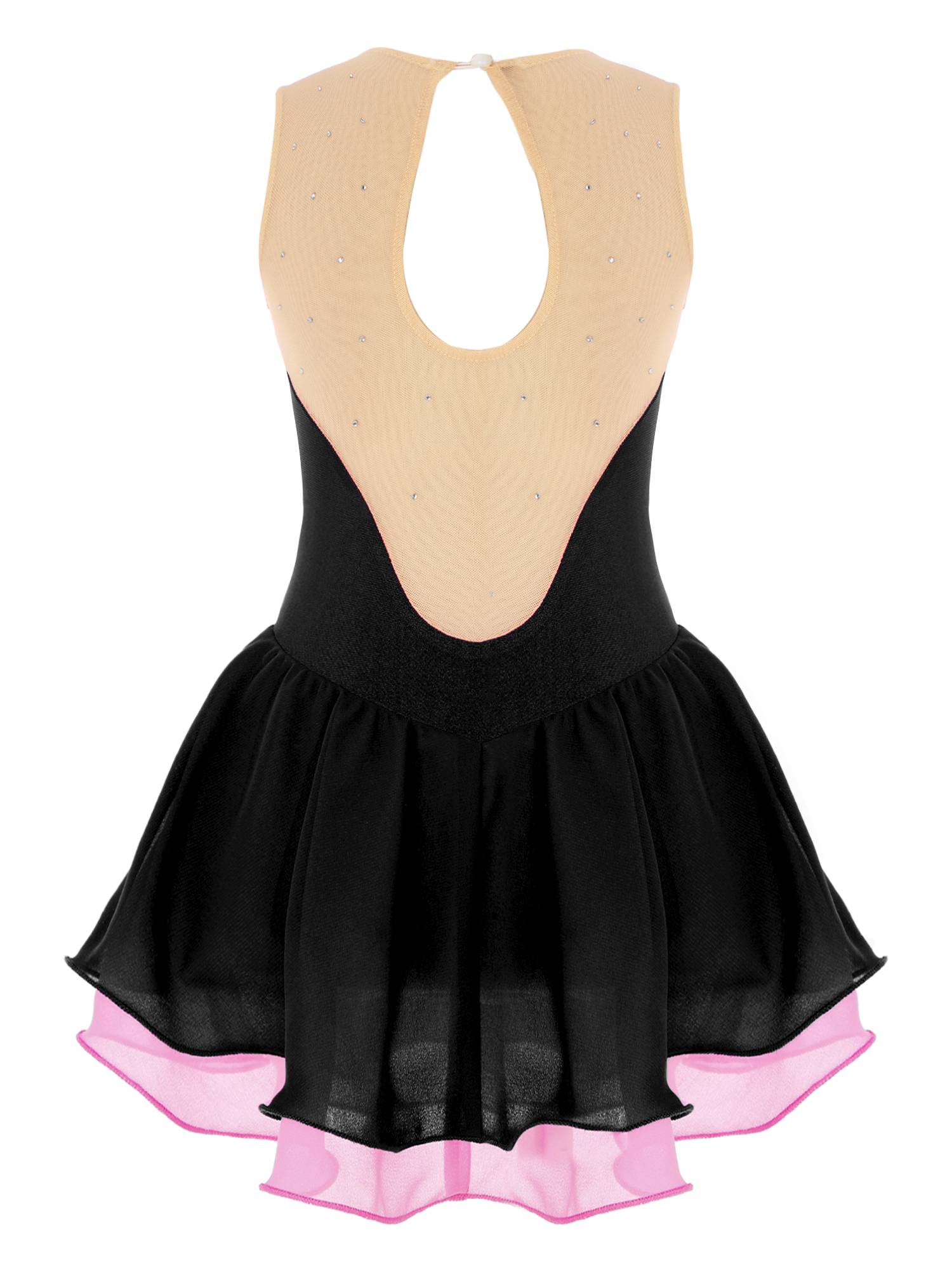 Kids Girls Sleeveless Shiny Rhinestone Ruffle Skating Dance Dress