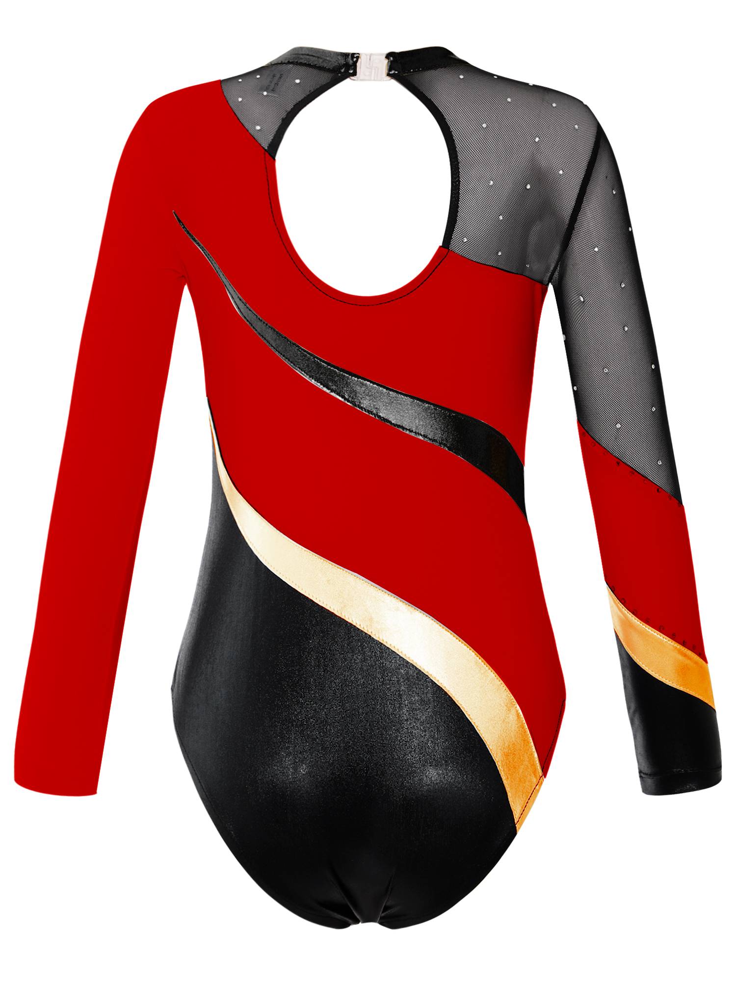 Kids Girls Long Sleeve Hollow Back Shiny Rhinestone Dance Leotard