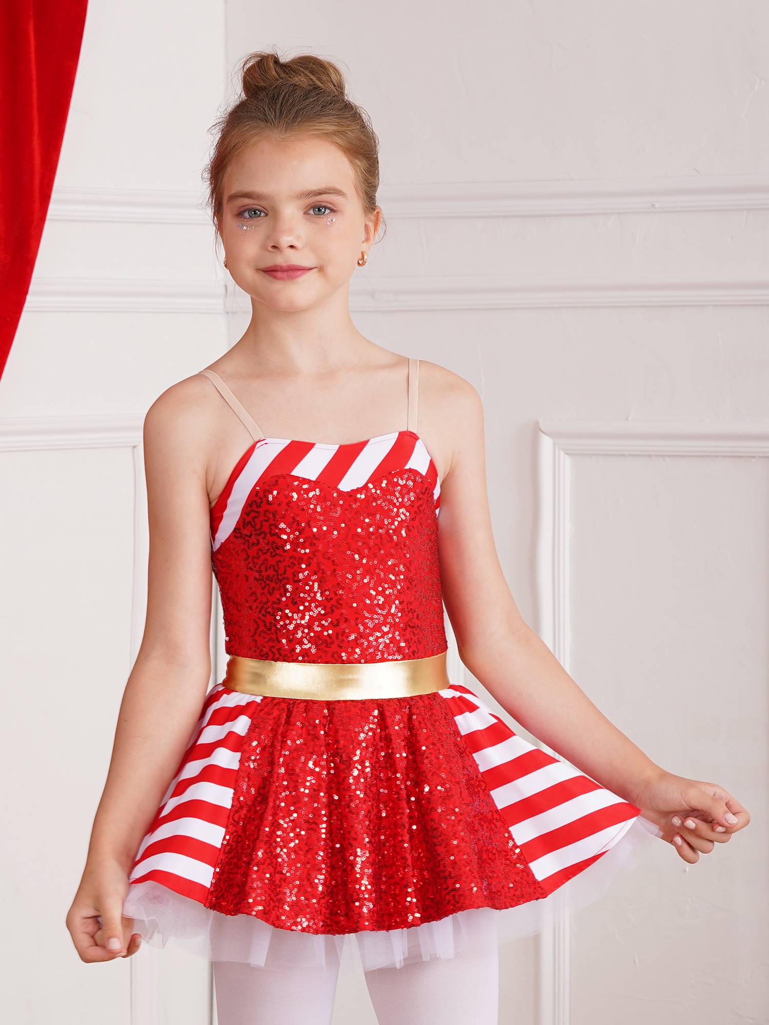 Kids Girls Christmas Striped Sequin Straps Tutu Dress