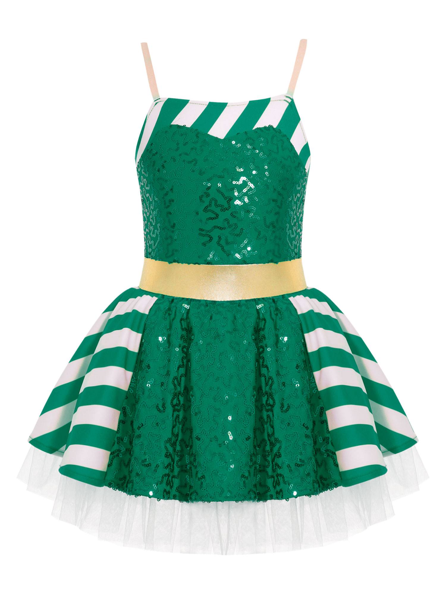 Kids Girls Christmas Striped Sequin Straps Tutu Dress