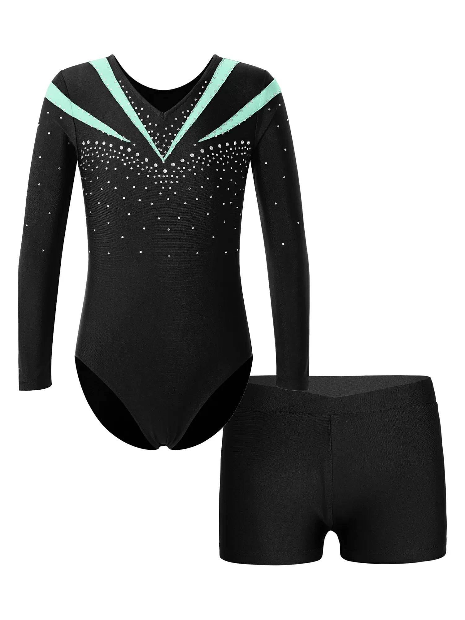 Kids Girls 2pcs Long Sleeve Slim Fit Leotard and Shorts Gymnastics Set