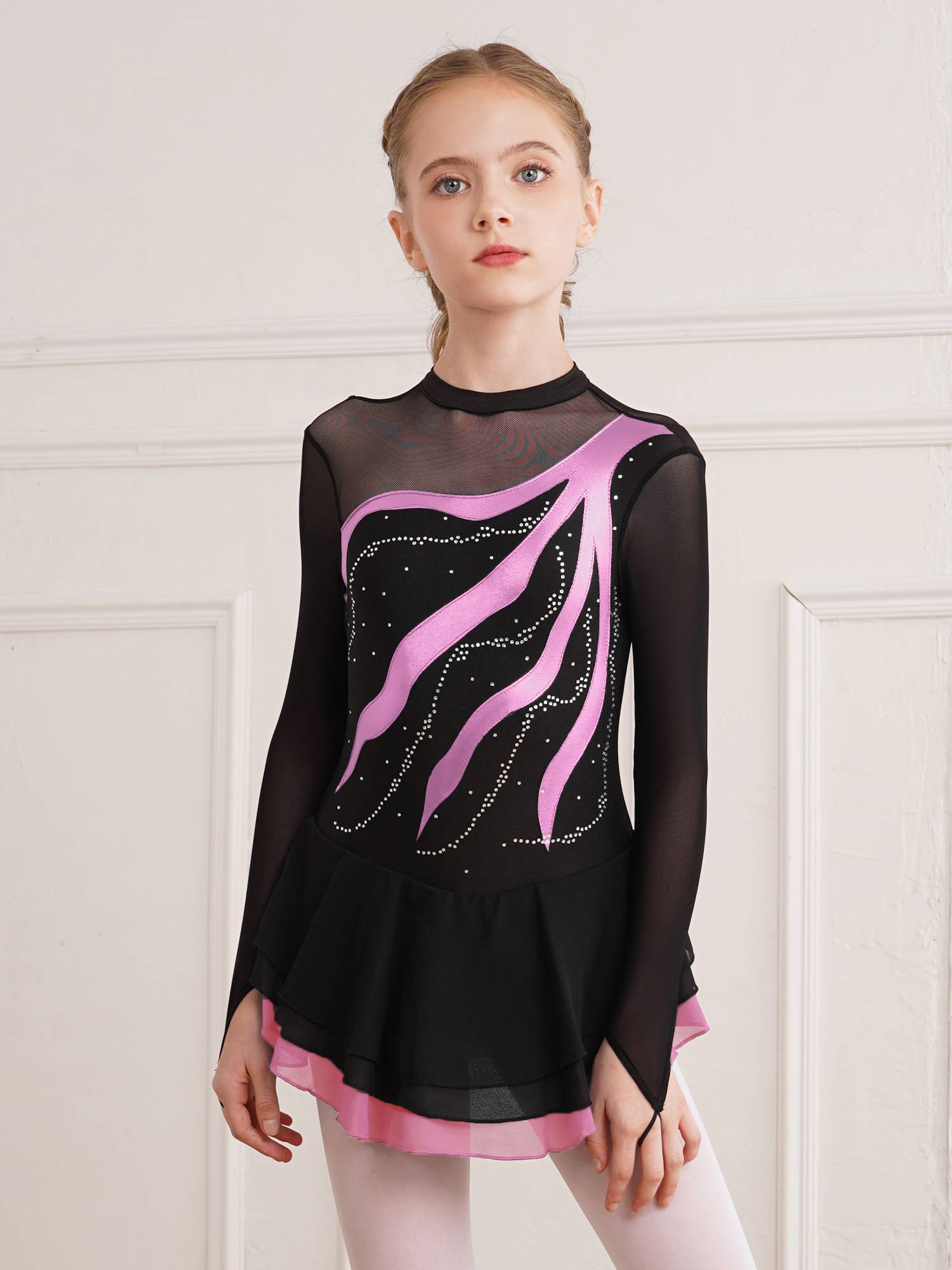 Kids Girls Long Sleeve Rhinestone Hollow Back Skating Dance Dress