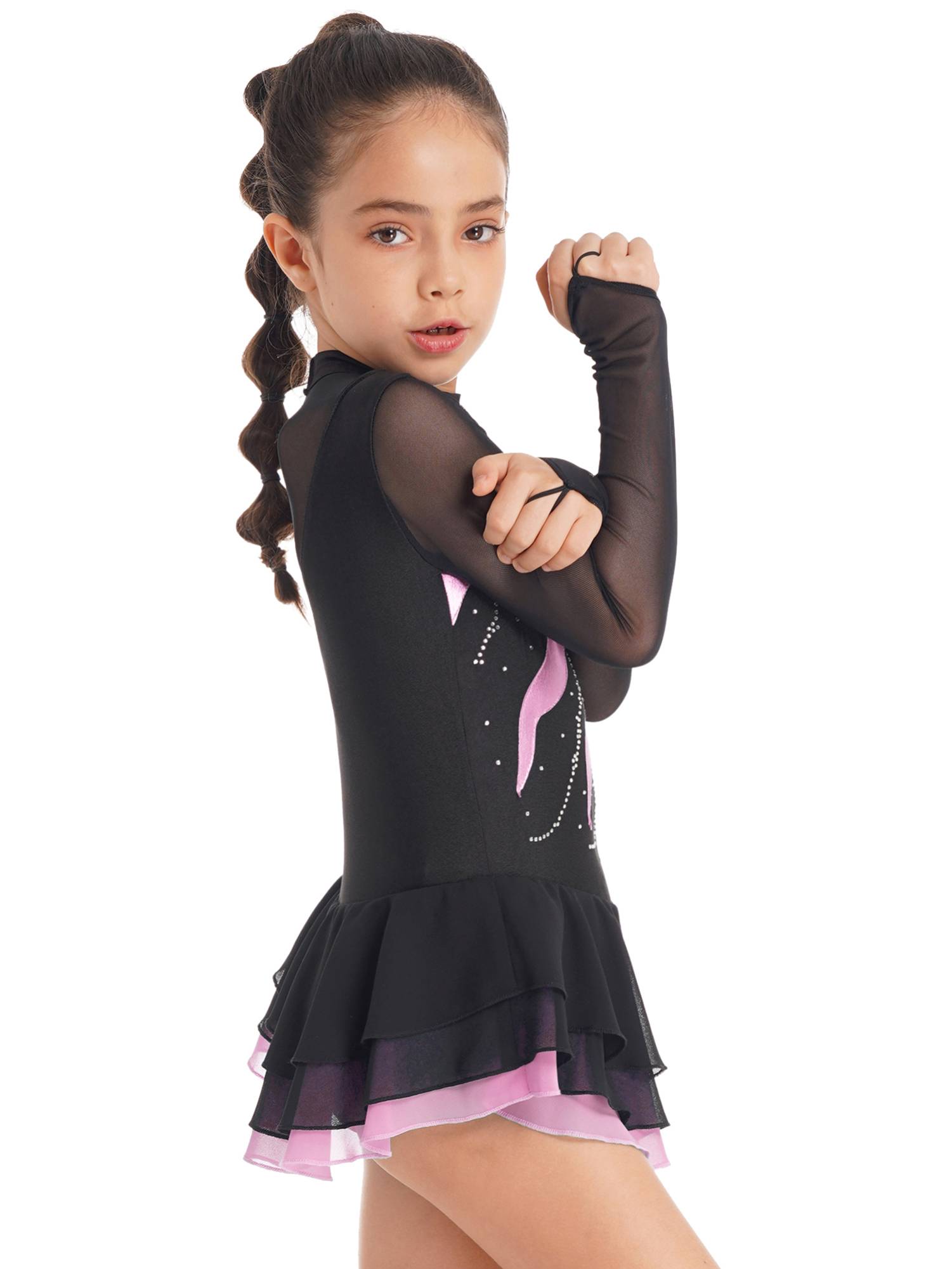 Kids Girls Long Sleeve Rhinestone Hollow Back Skating Dance Dress