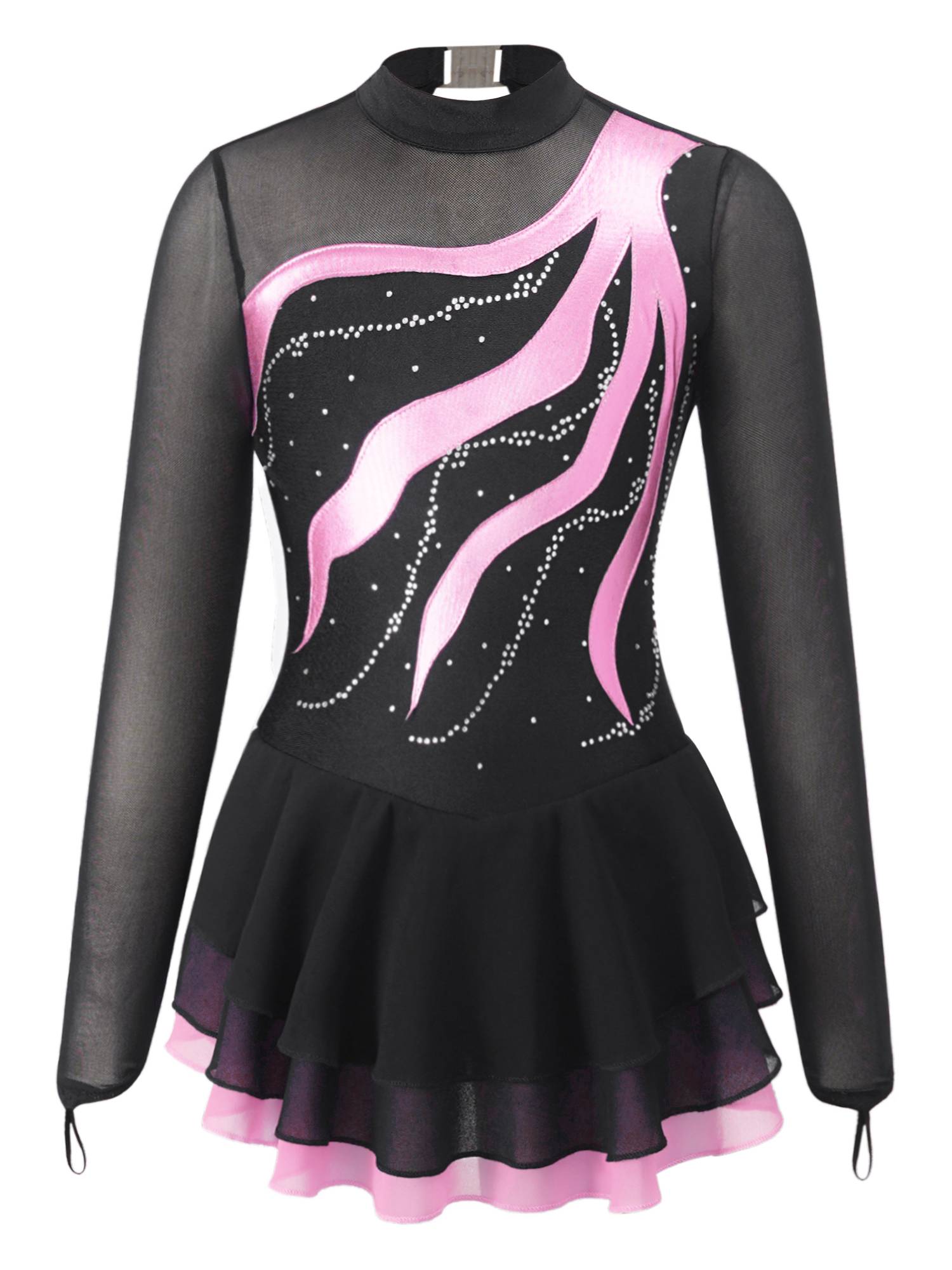 Kids Girls Long Sleeve Rhinestone Hollow Back Skating Dance Dress