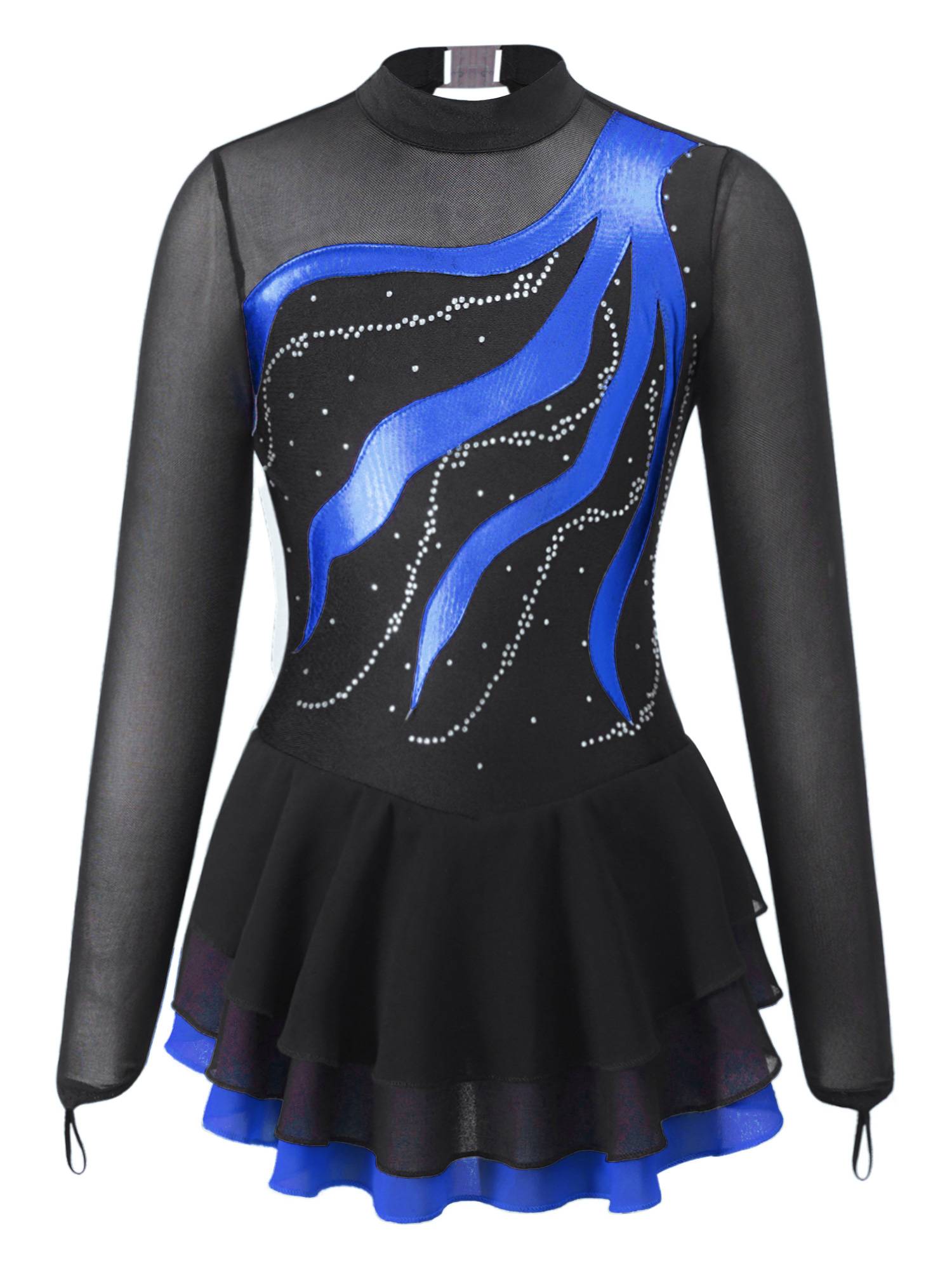 Kids Girls Long Sleeve Rhinestone Hollow Back Skating Dance Dress