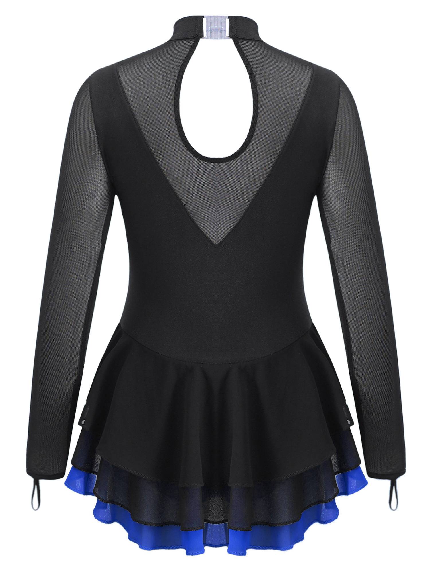 Kids Girls Long Sleeve Rhinestone Hollow Back Skating Dance Dress