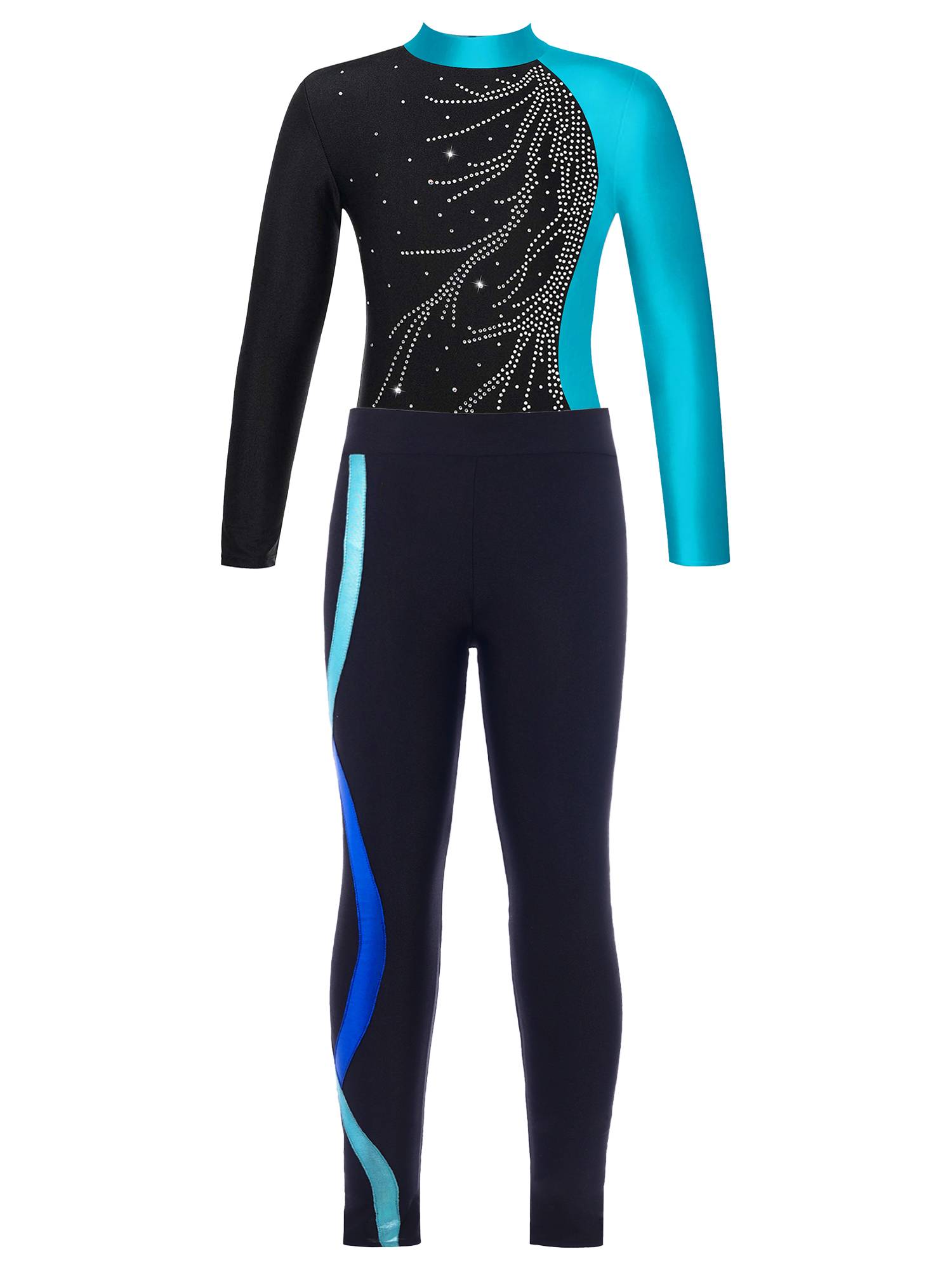 Kids Girls 2pcs Long Sleeve Rhinestones Leotard and Legging Pants Dance Set