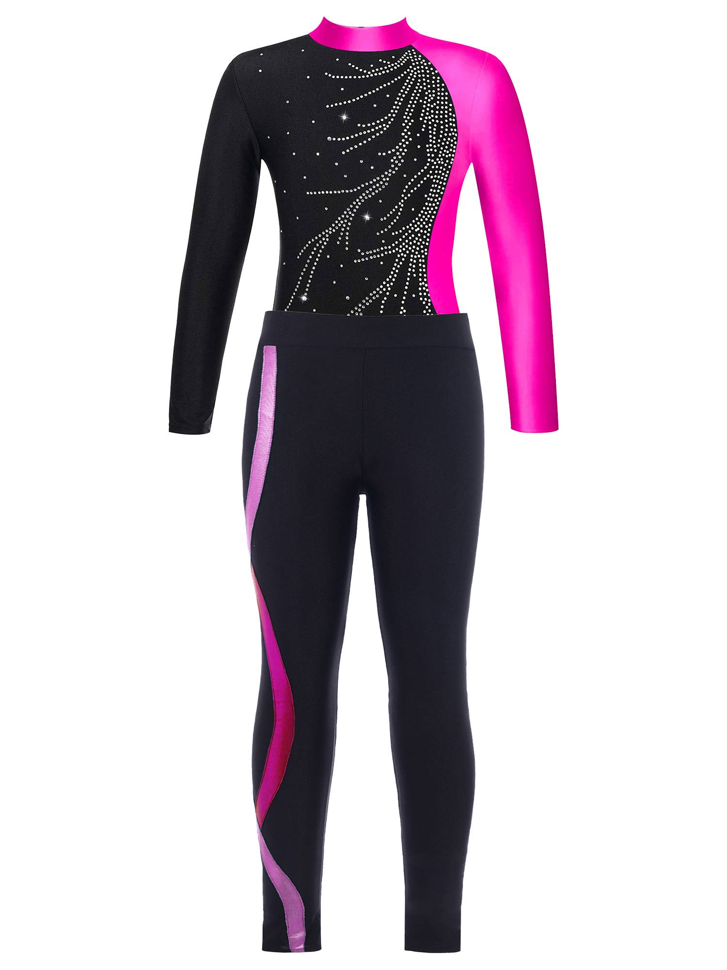 Kids Girls 2pcs Long Sleeve Rhinestones Leotard and Legging Pants Dance Set