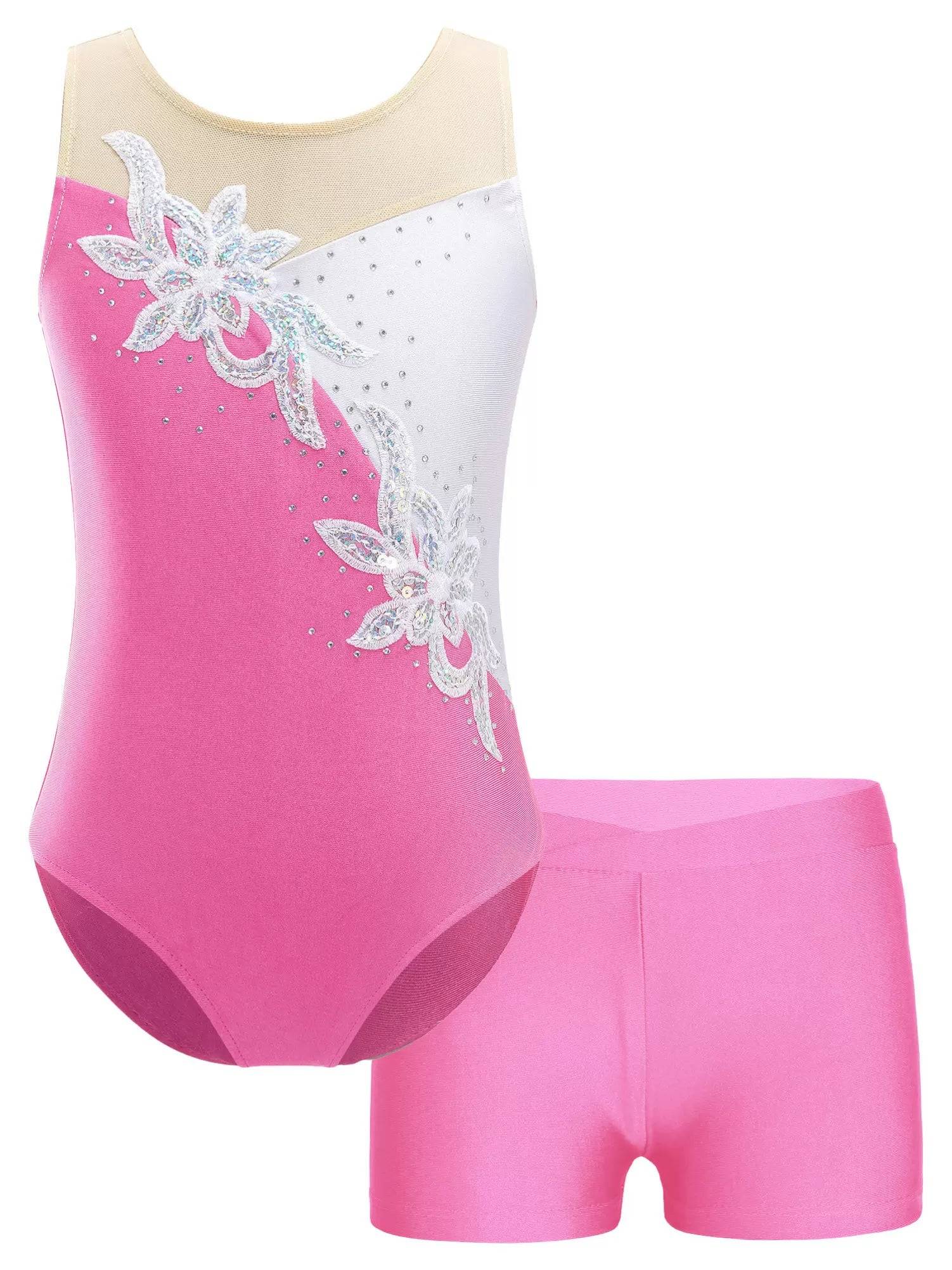 Kids Girls Sleeveless Glittery Sequins Skating Leotard and Shorts Set