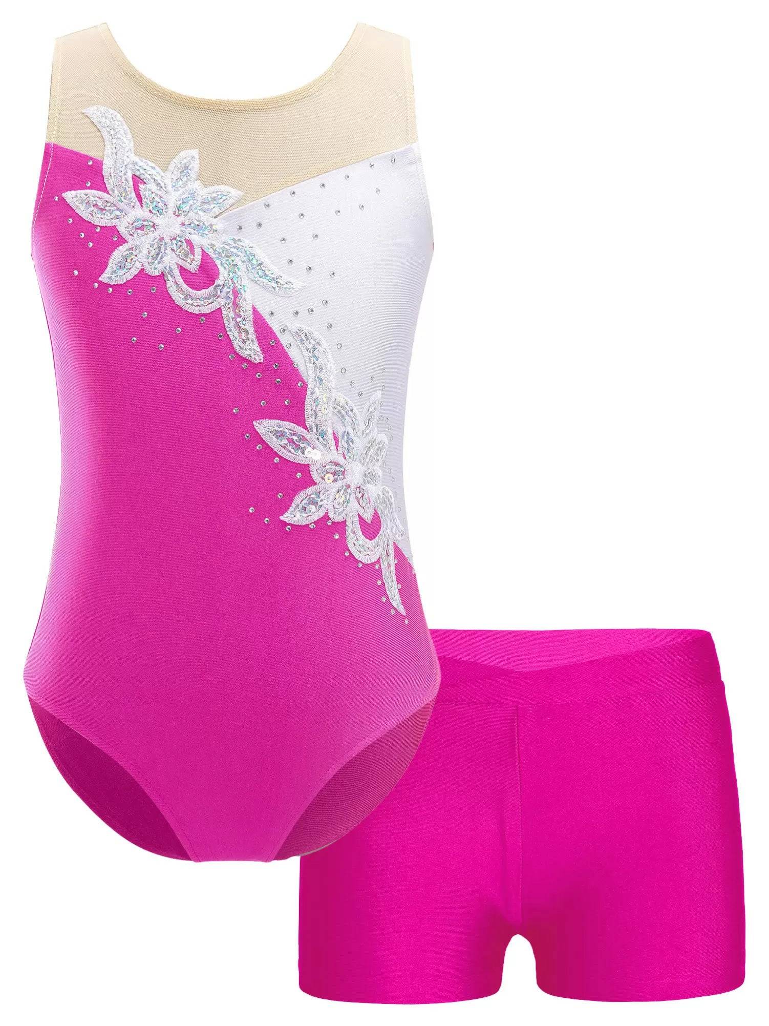 Kids Girls Sleeveless Glittery Sequins Skating Leotard and Shorts Set