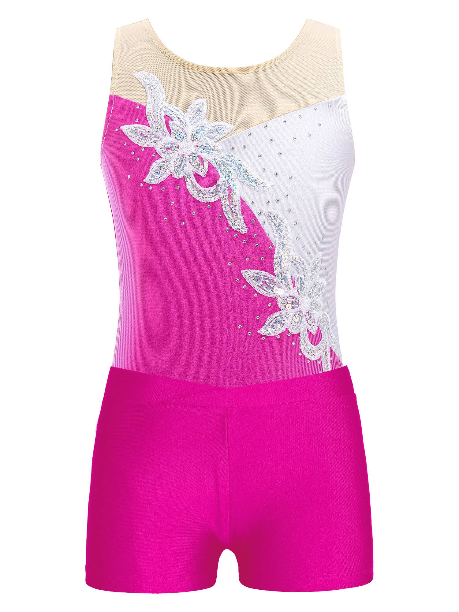 Kids Girls Sleeveless Glittery Sequins Skating Leotard and Shorts Set