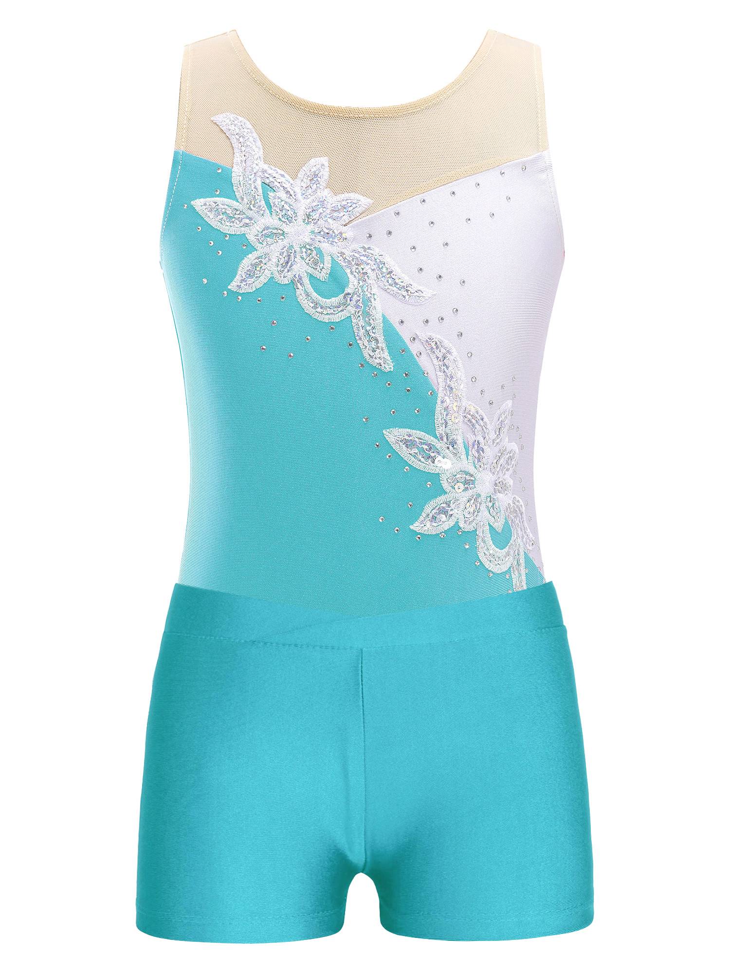 Kids Girls Sleeveless Glittery Sequins Skating Leotard and Shorts Set