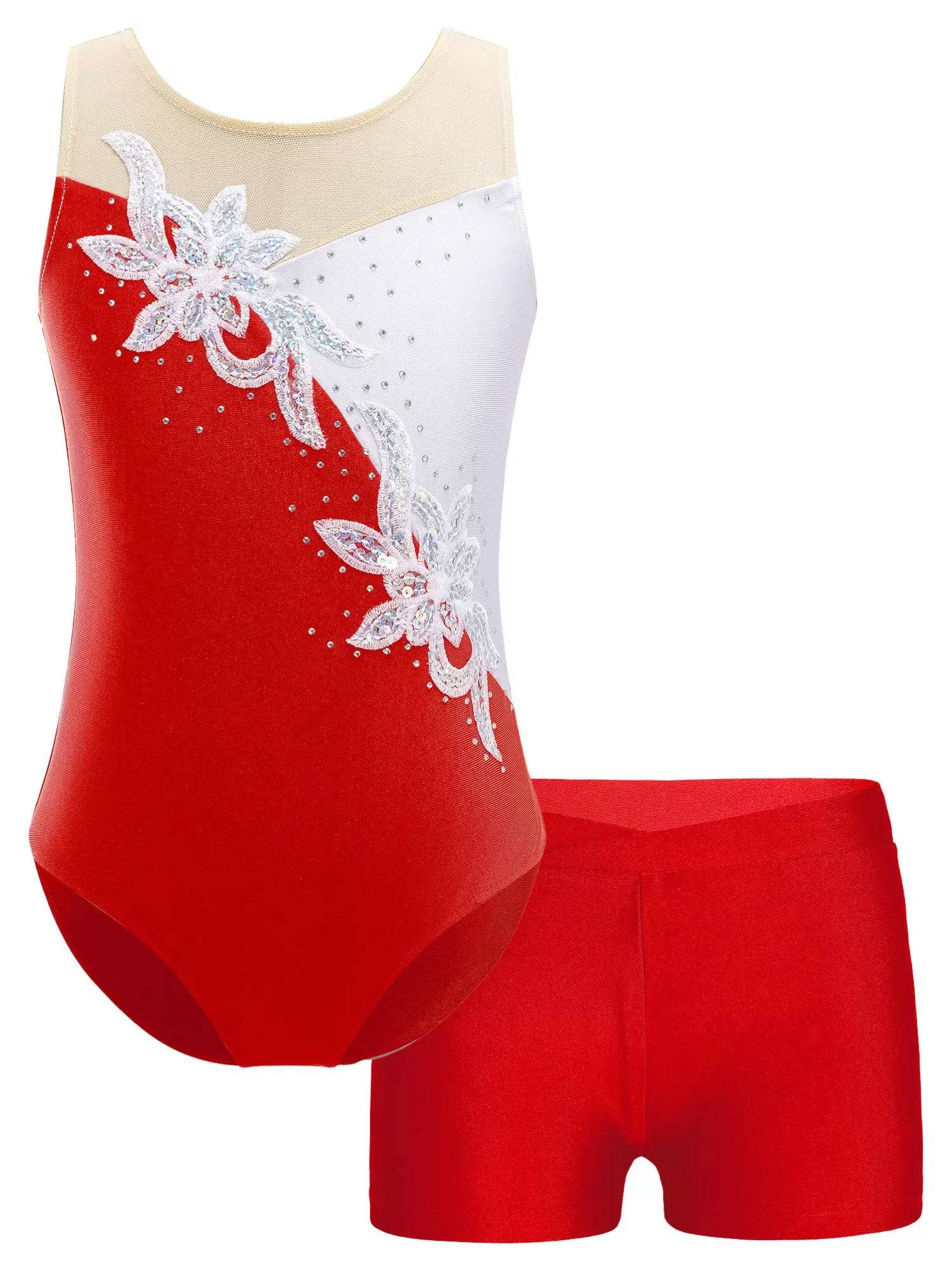 Kids Girls Sleeveless Glittery Sequins Skating Leotard and Shorts Set