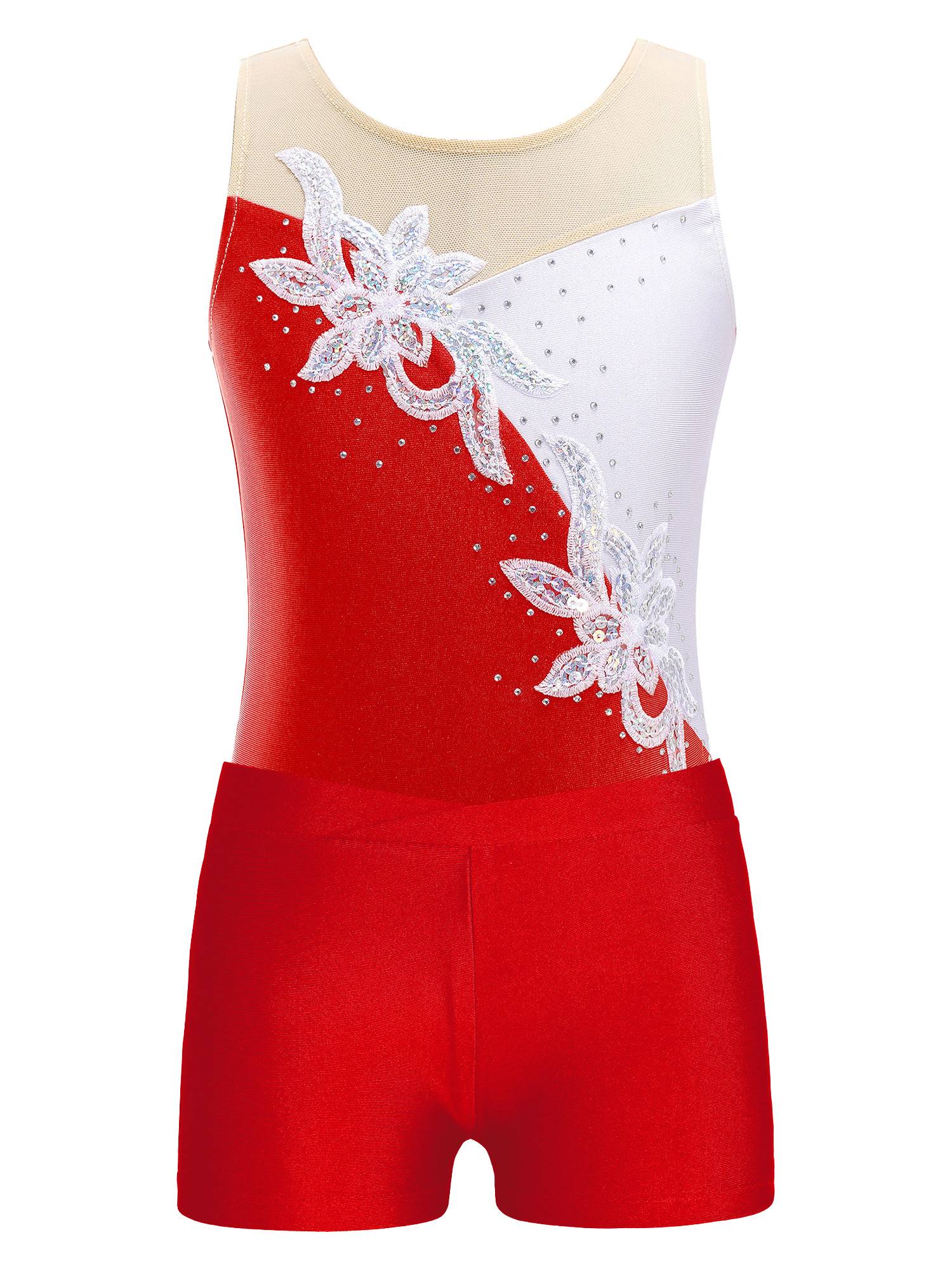 Kids Girls Sleeveless Glittery Sequins Skating Leotard and Shorts Set