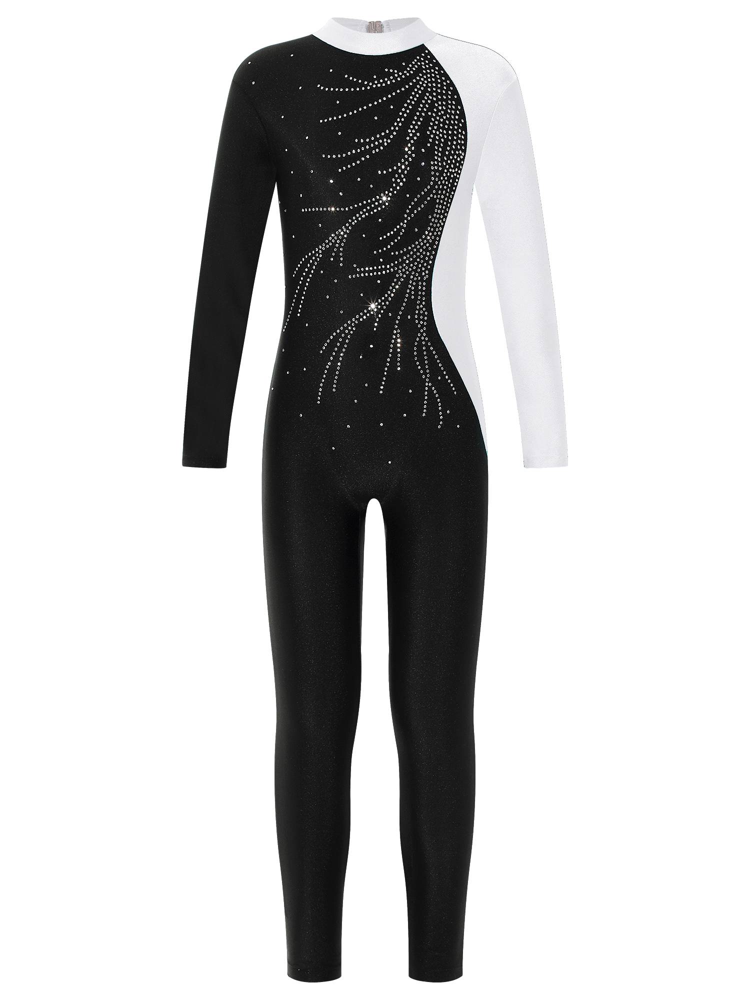 Kids Girls Long Sleeve Rhinestone Gymnastic Unitard Dance Jumpsuit