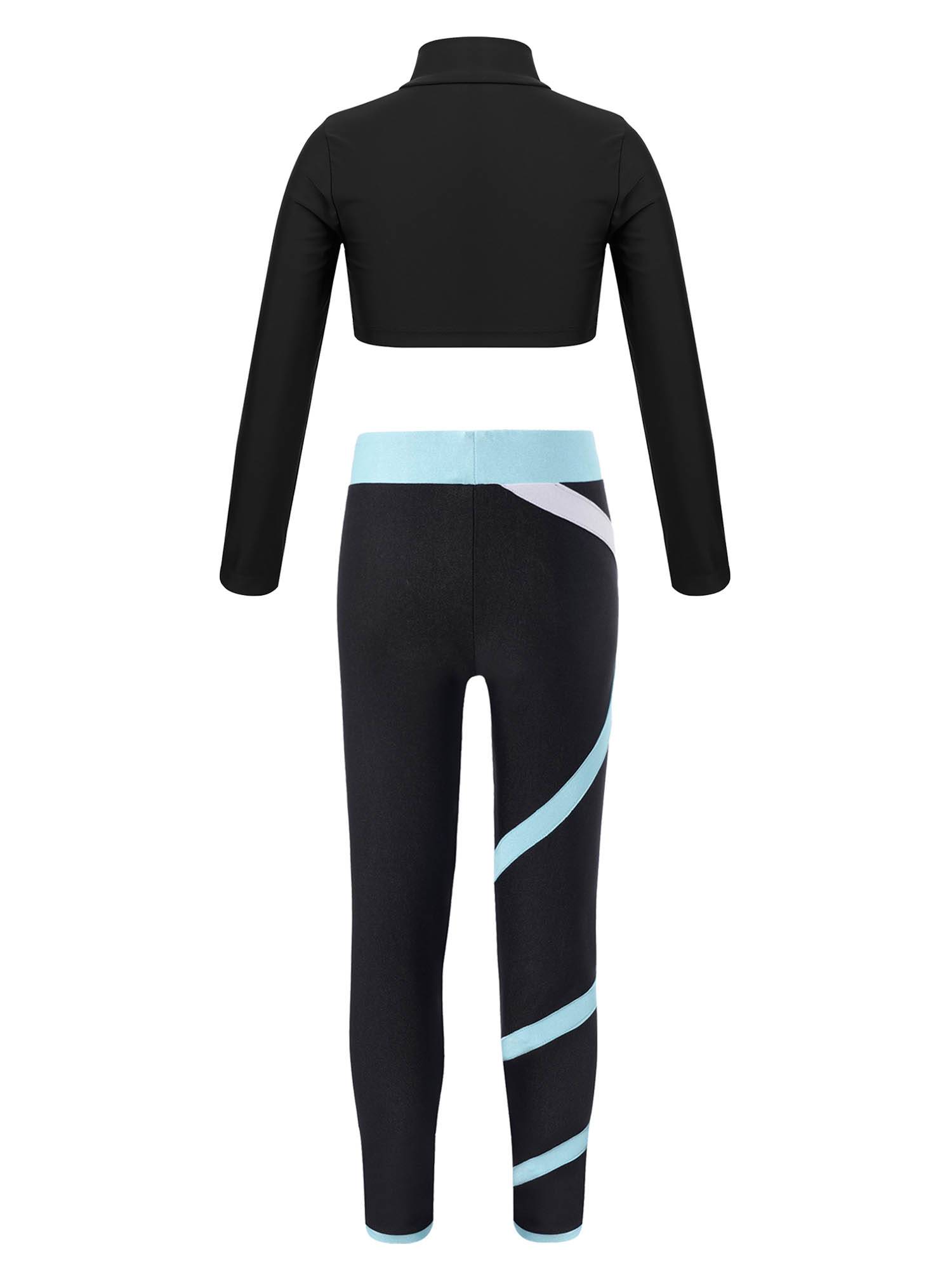 Kids Girls 2pcs Long Sleeves Crop Top and Colorblock Leggings Sports Set