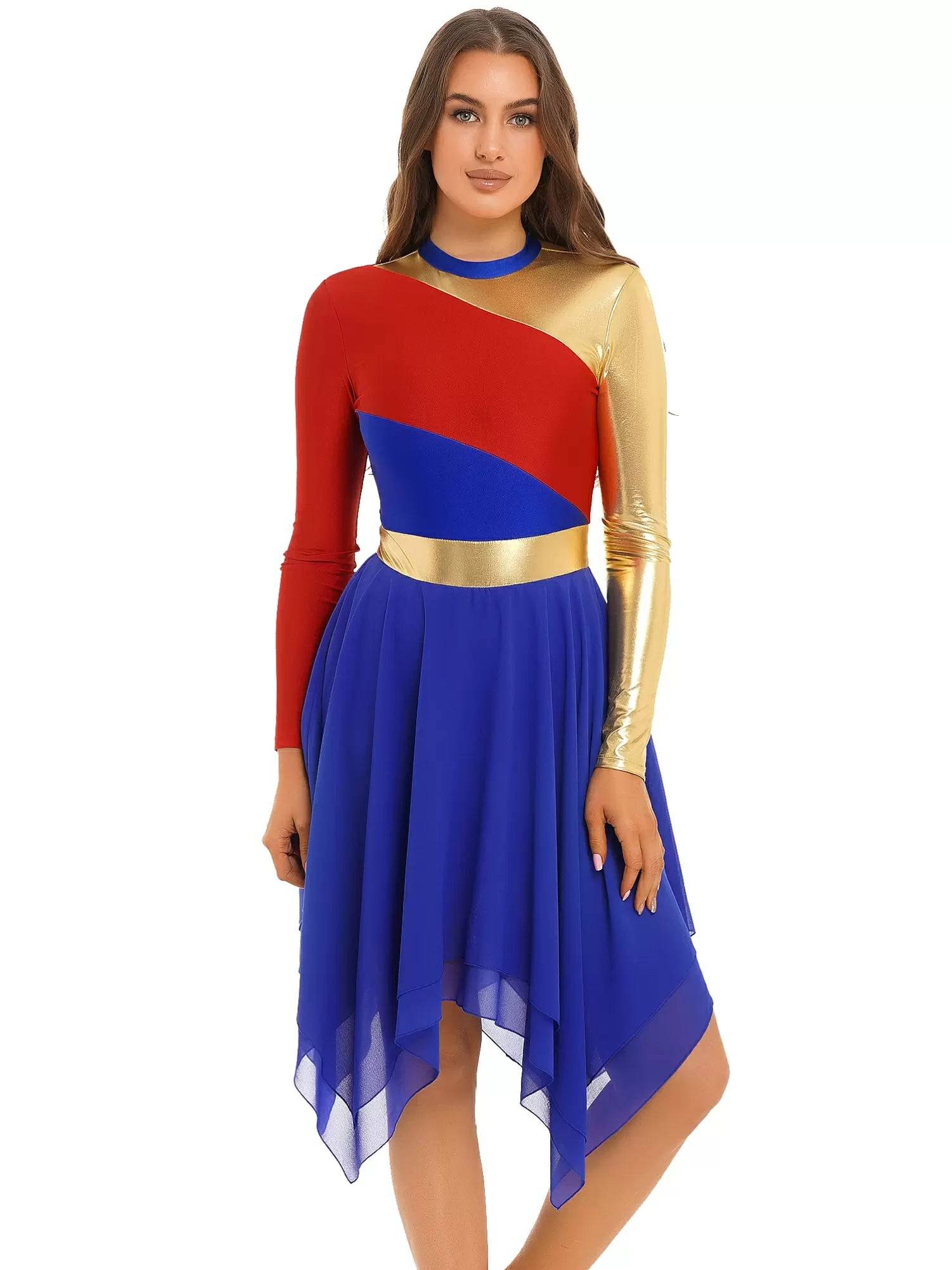 Women Color Block Long Sleeve High Low Praise Dance Dress(no white underdress)