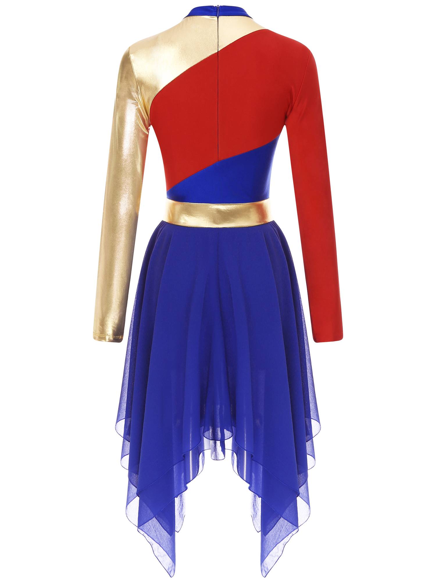 Women Color Block Long Sleeve High Low Praise Dance Dress(no white underdress)