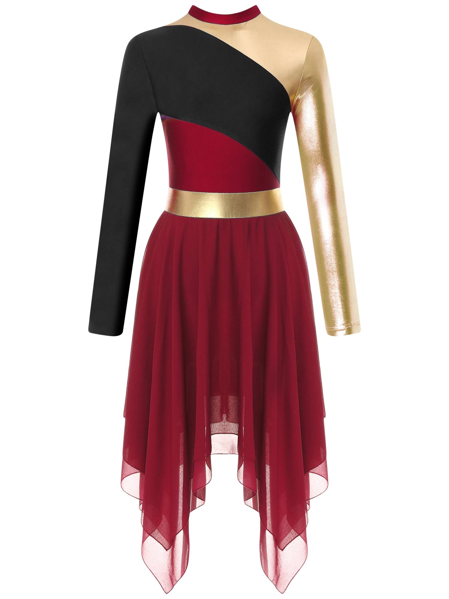 Women Color Block Long Sleeve High Low Praise Dance Dress(no white underdress)