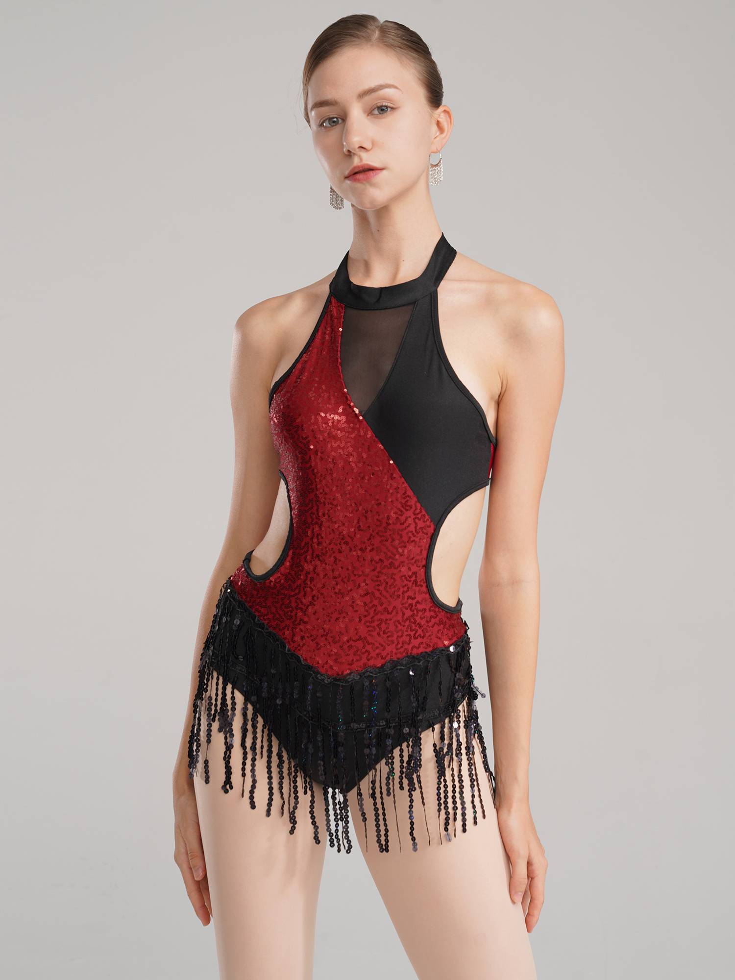 Women Sparkling Sequin Color Block Tassel Latin Dance Leotard