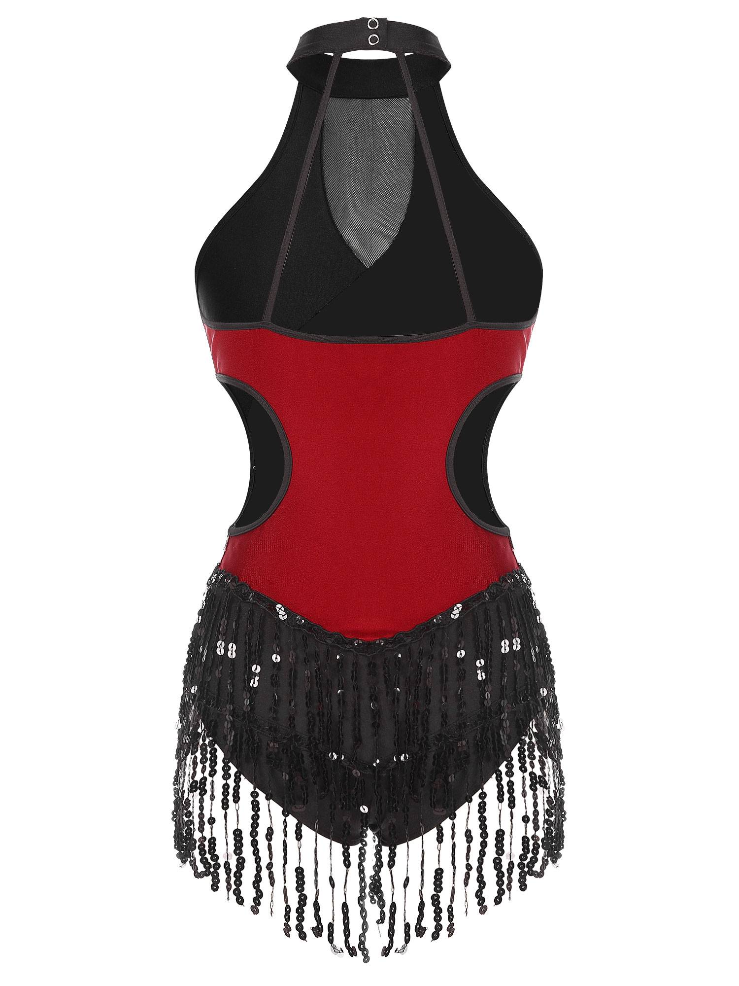 Women Sparkling Sequin Color Block Tassel Latin Dance Leotard