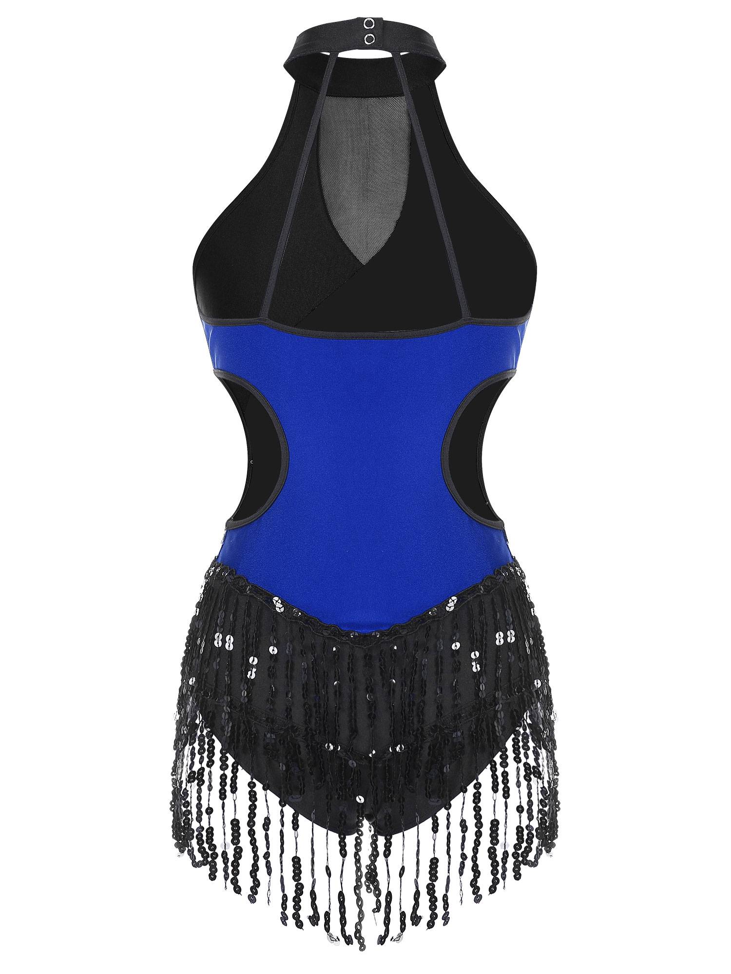 Women Sparkling Sequin Color Block Tassel Latin Dance Leotard