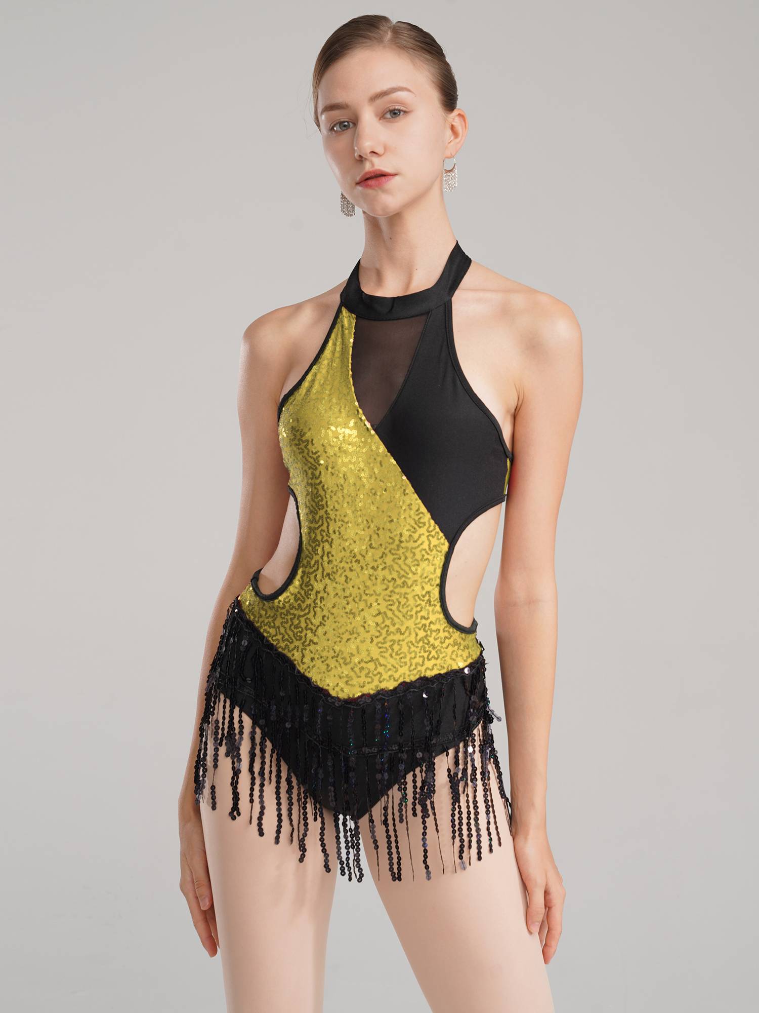 Women Sparkling Sequin Color Block Tassel Latin Dance Leotard