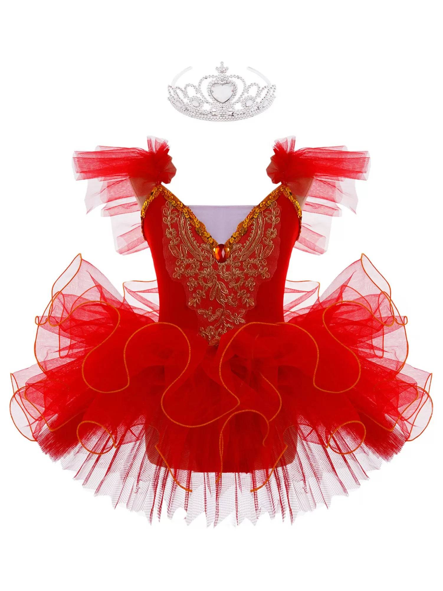 Kids Girls Ruffle Flutter Sleeve Sequin Ballet Dance Tutu Dress
