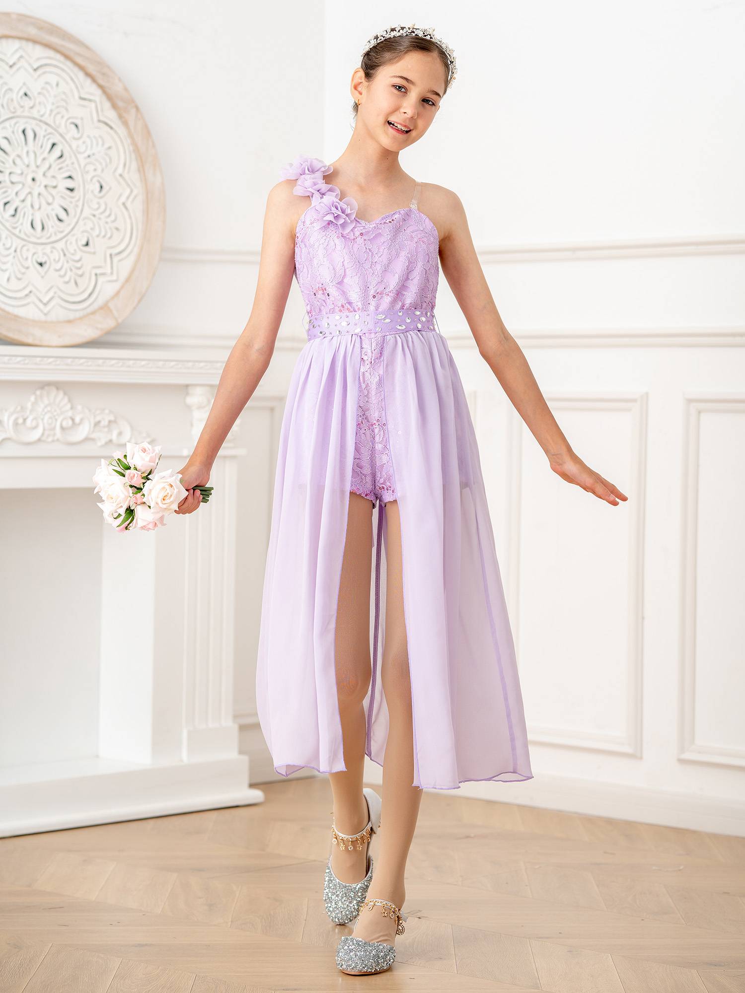 Kids Girls Shiny Beaded Applique Party Dress Sequin Lace Jumpsuit