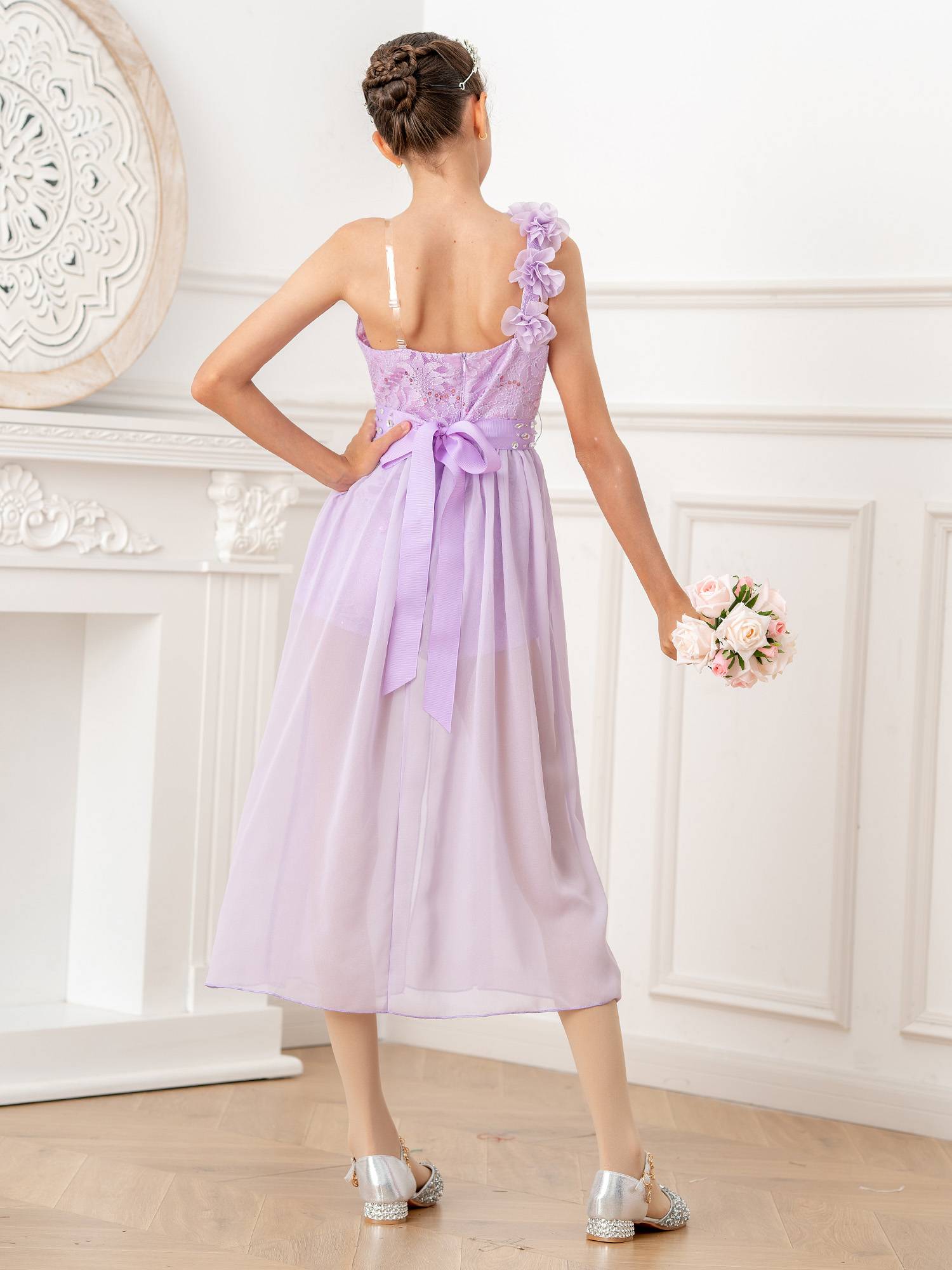 Kids Girls Shiny Beaded Applique Party Dress Sequin Lace Jumpsuit