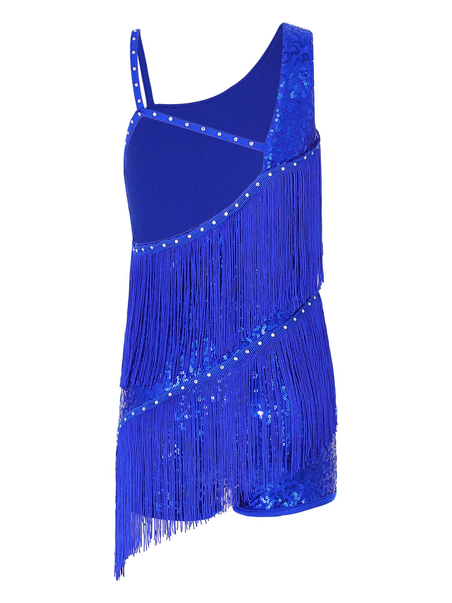 Kids Girls Sleeveless Sequins Tassels Latin Dance Leotards