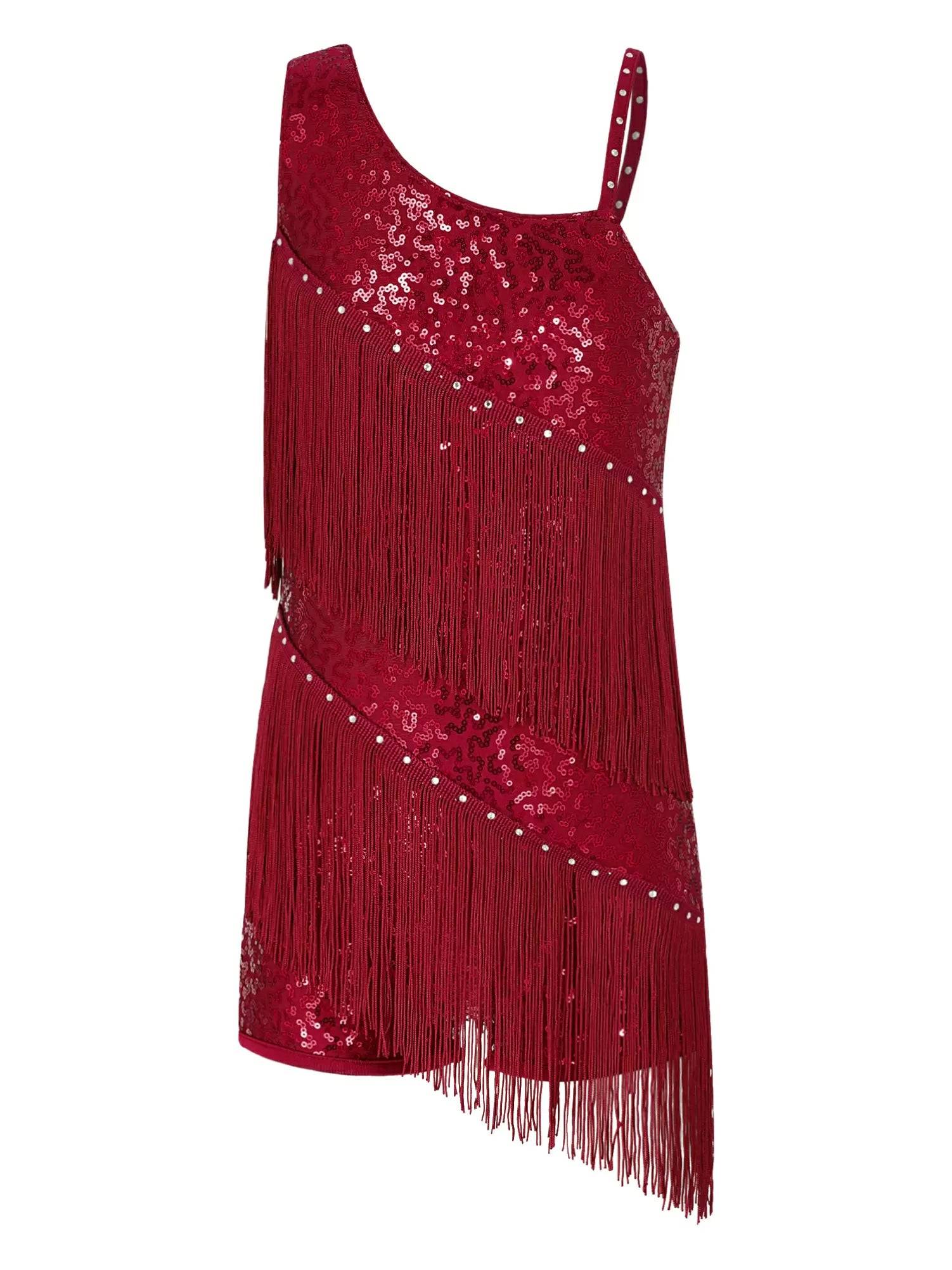 Kids Girls Sleeveless Sequins Tassels Latin Dance Leotards