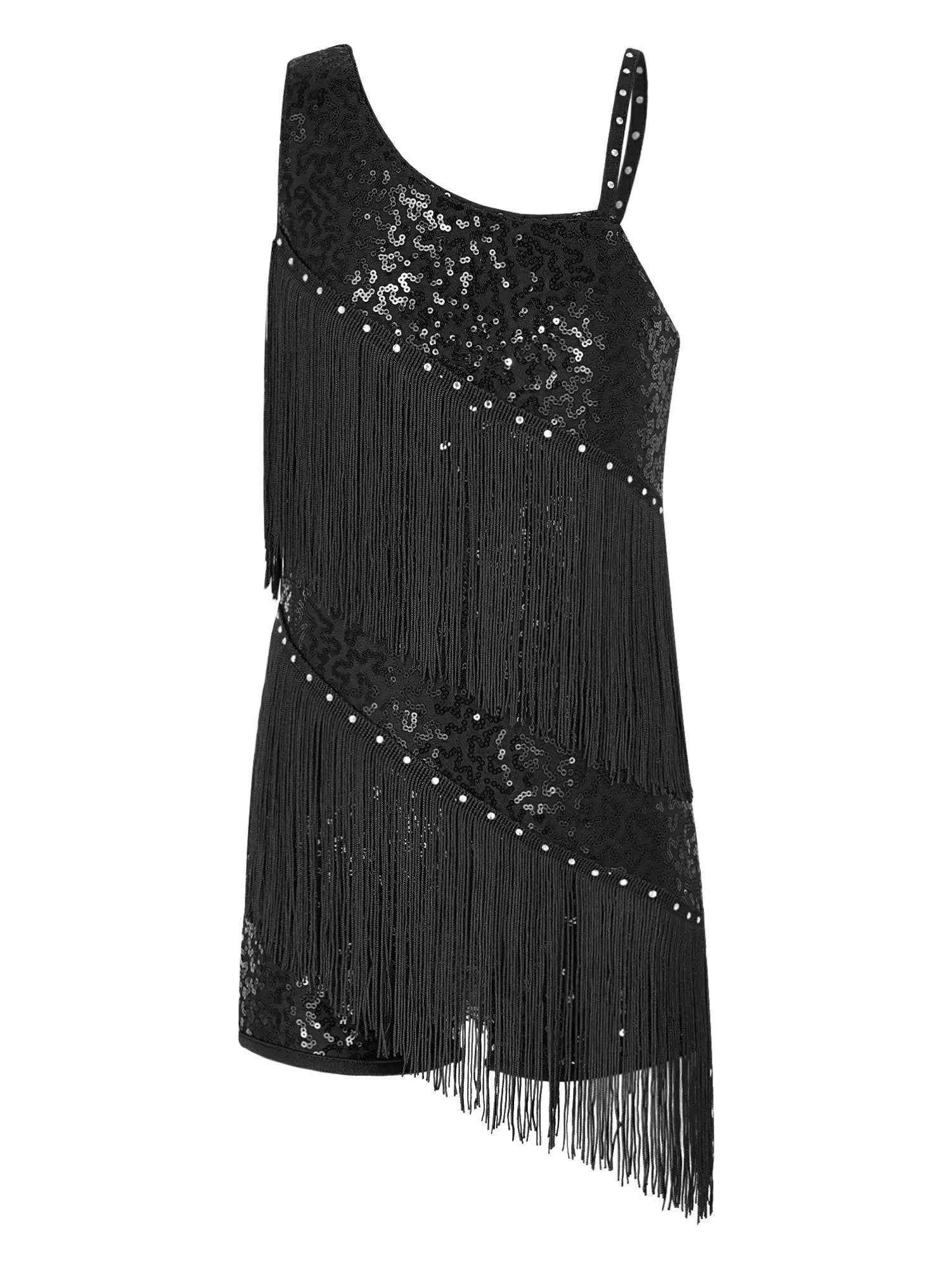 Kids Girls Sleeveless Sequins Tassels Latin Dance Leotards