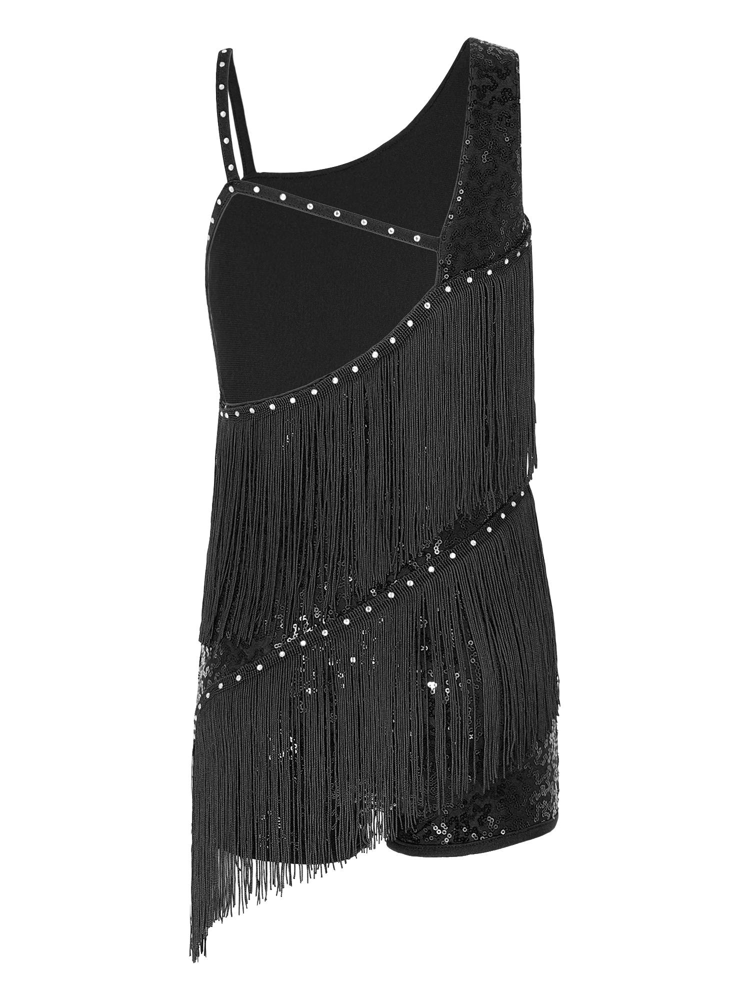 Kids Girls Sleeveless Sequins Tassels Latin Dance Leotards