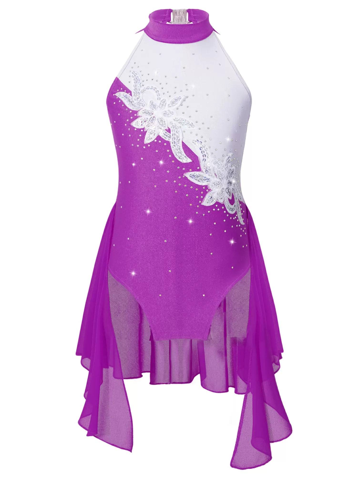 Kids Girls Sleeveless Backless Sequins Beading Skating Dance Dress