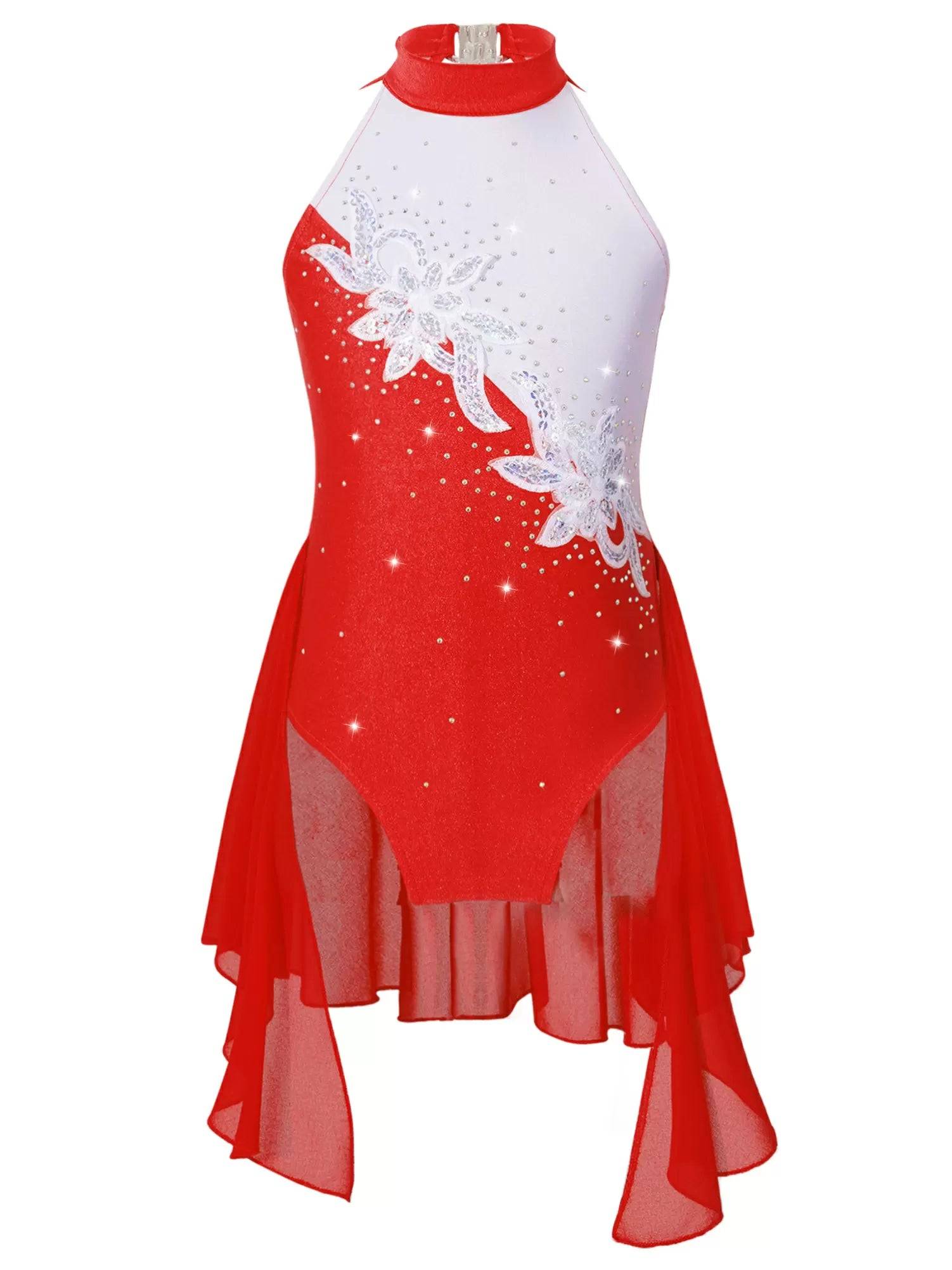 Kids Girls Sleeveless Backless Sequins Beading Skating Dance Dress