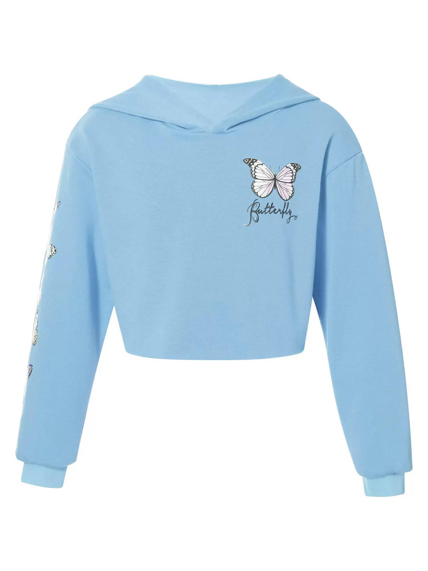 Kids Girls Long Sleeves Butterfly Print Cropped Hoodies