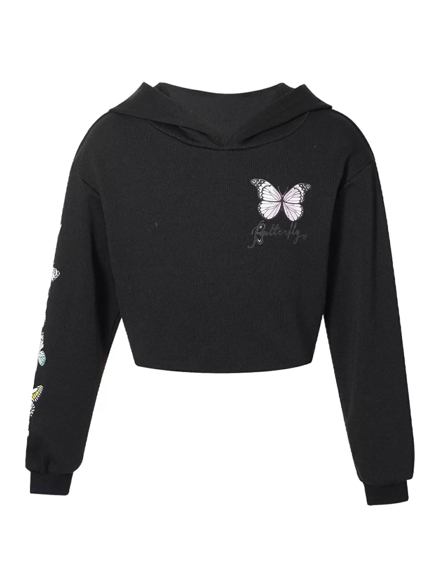 Kids Girls Long Sleeves Butterfly Print Cropped Hoodies
