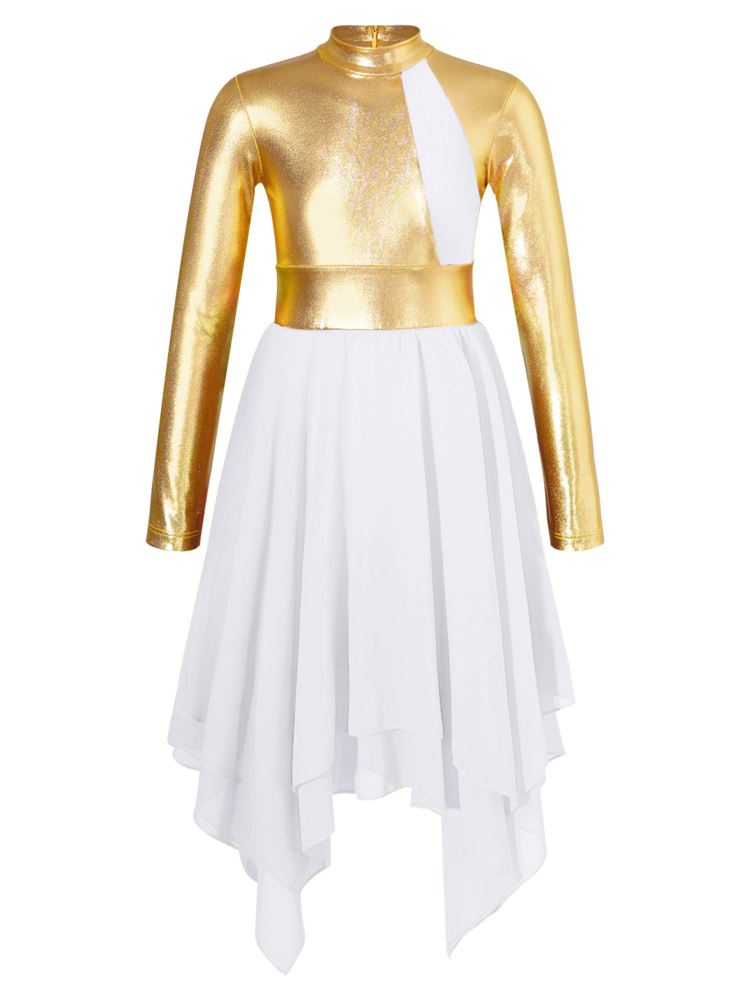 Kids Girls Long Sleeve Metallic Colorblock Asymmetrical Worship Dance Dress