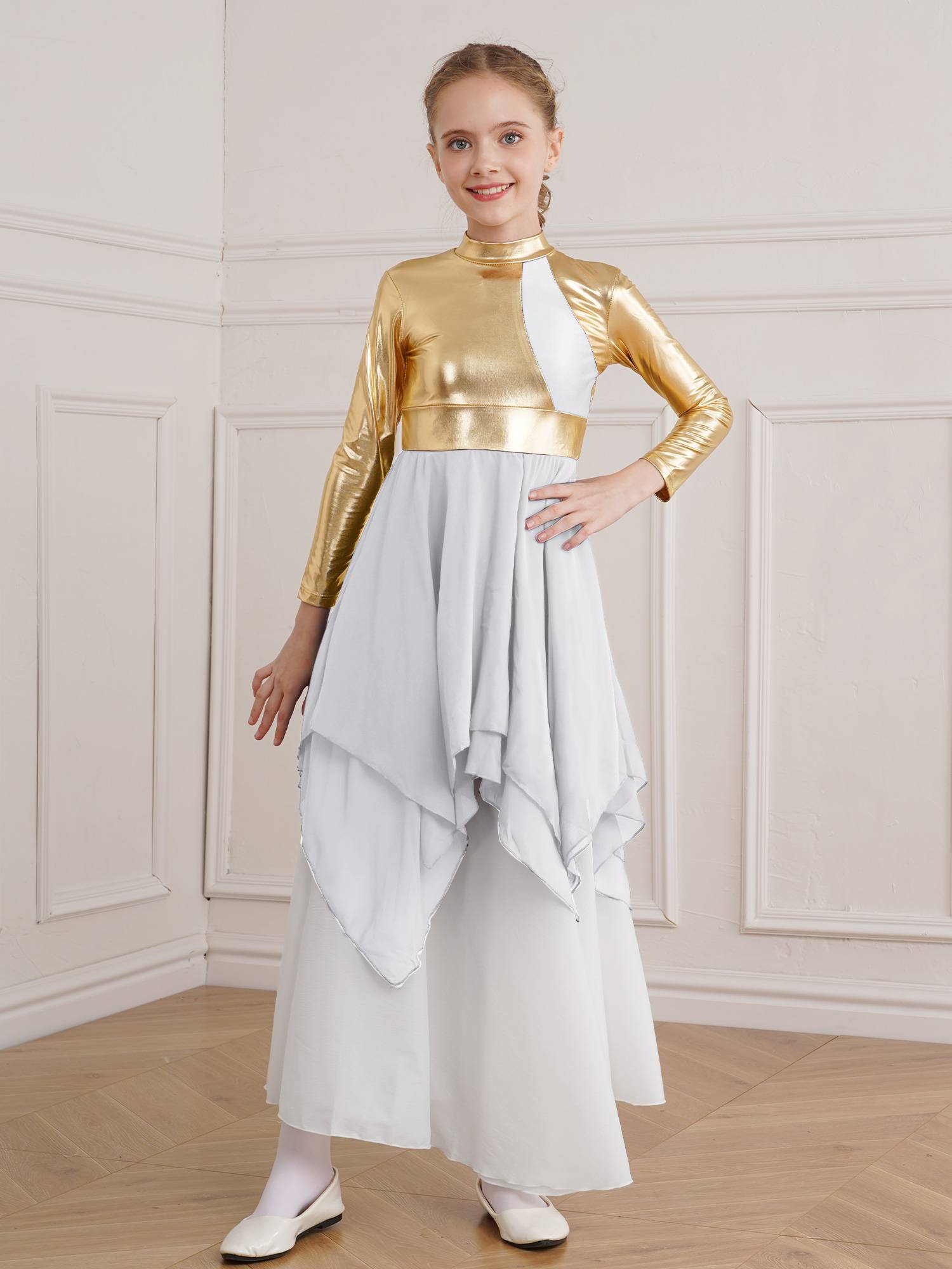 Kids Girls Long Sleeve Metallic Colorblock Asymmetrical Worship Dance Dress