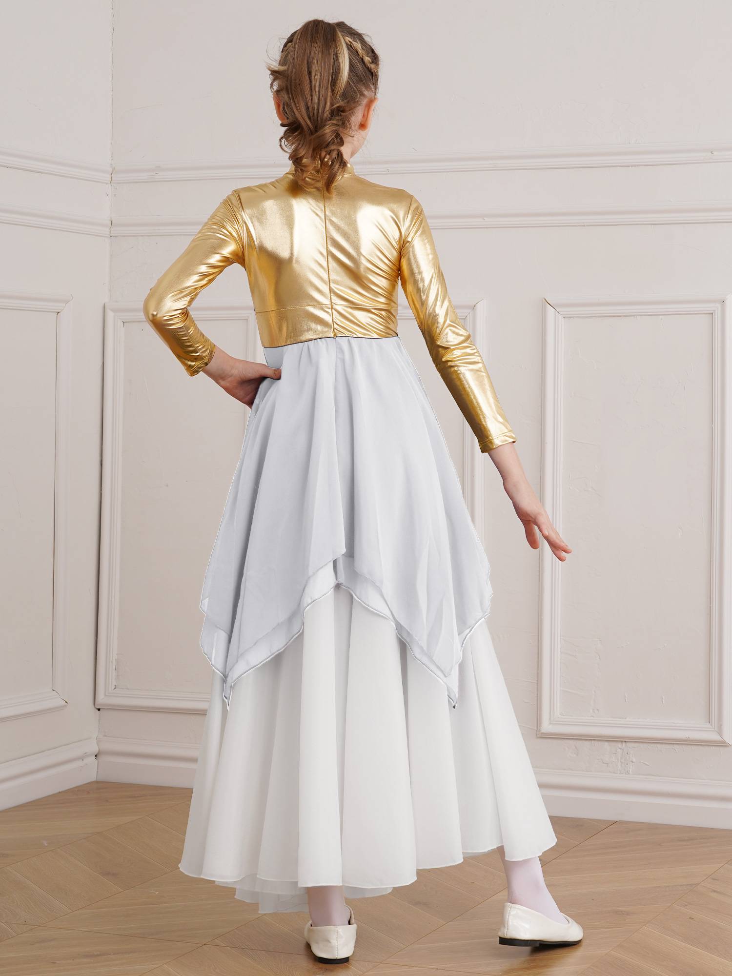 Kids Girls Long Sleeve Metallic Colorblock Asymmetrical Worship Dance Dress