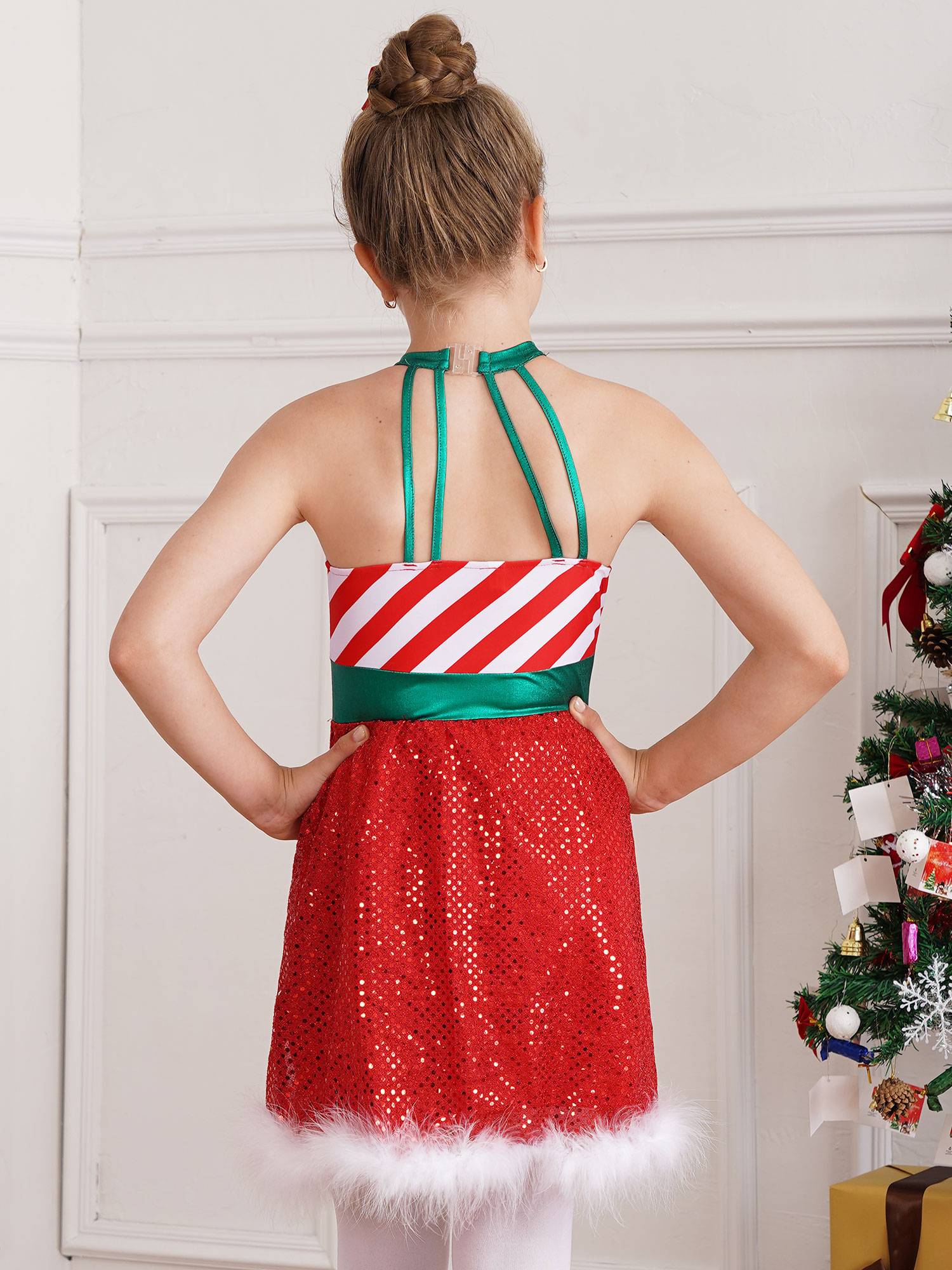 Kids Girls Christmas Halter Neck Sleeveless Sequins Stripe Feather Trim Dress