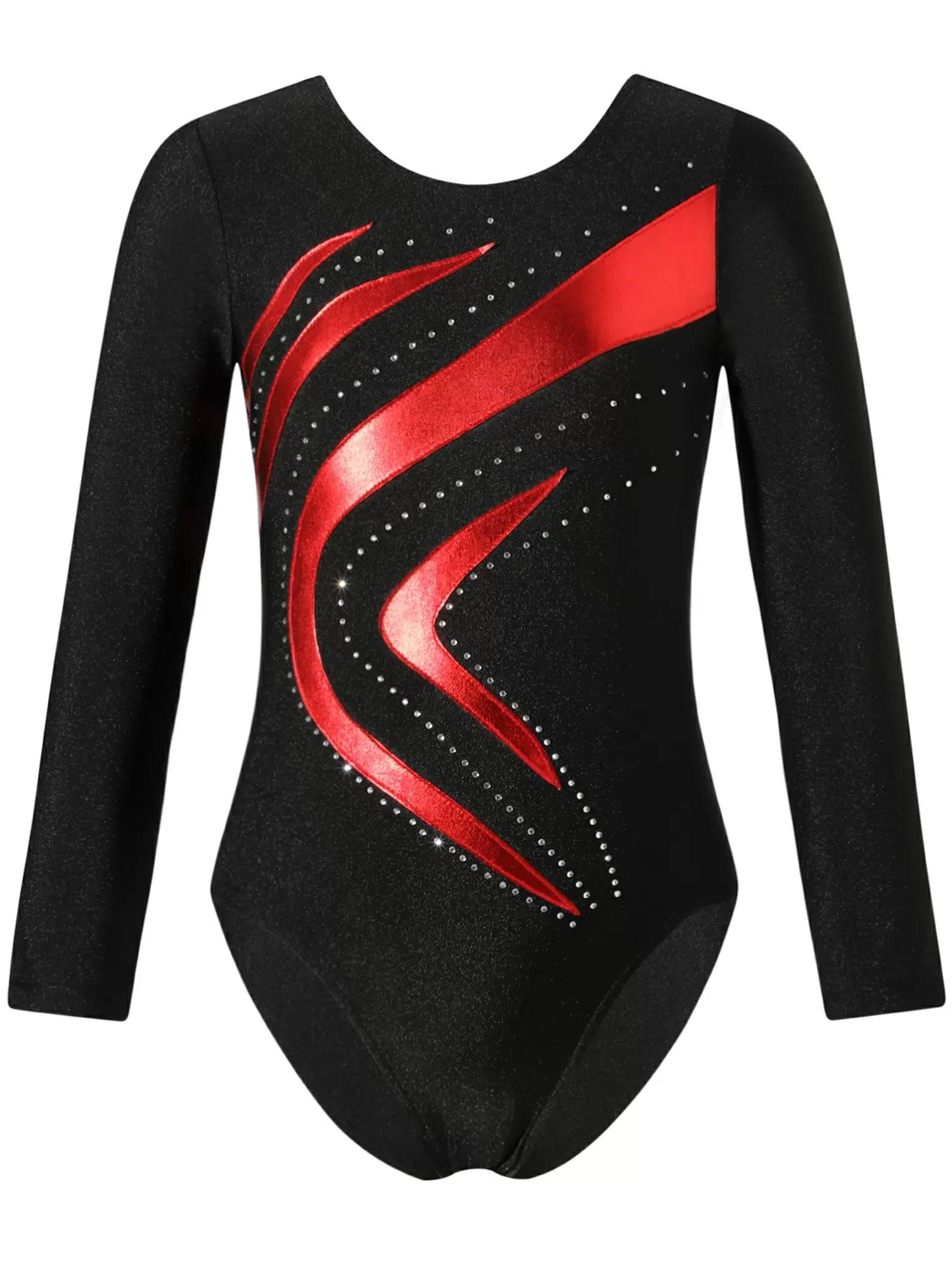 Kids Girls Long Sleeve Shiny Rhinestone Slim Fit Skating Dance Leotard